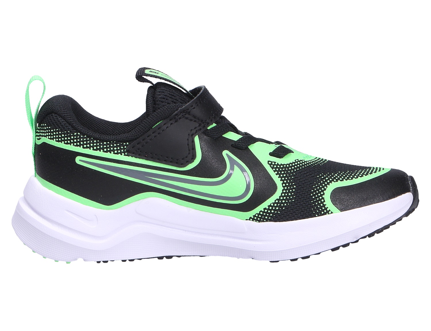 Nike Cosmic Runner für Kinder: schwarzer und grüner Schlupfschuh mit Klettverschluss, seitlichem Swoosh und weißer Sohle, ideal für aktive Tage