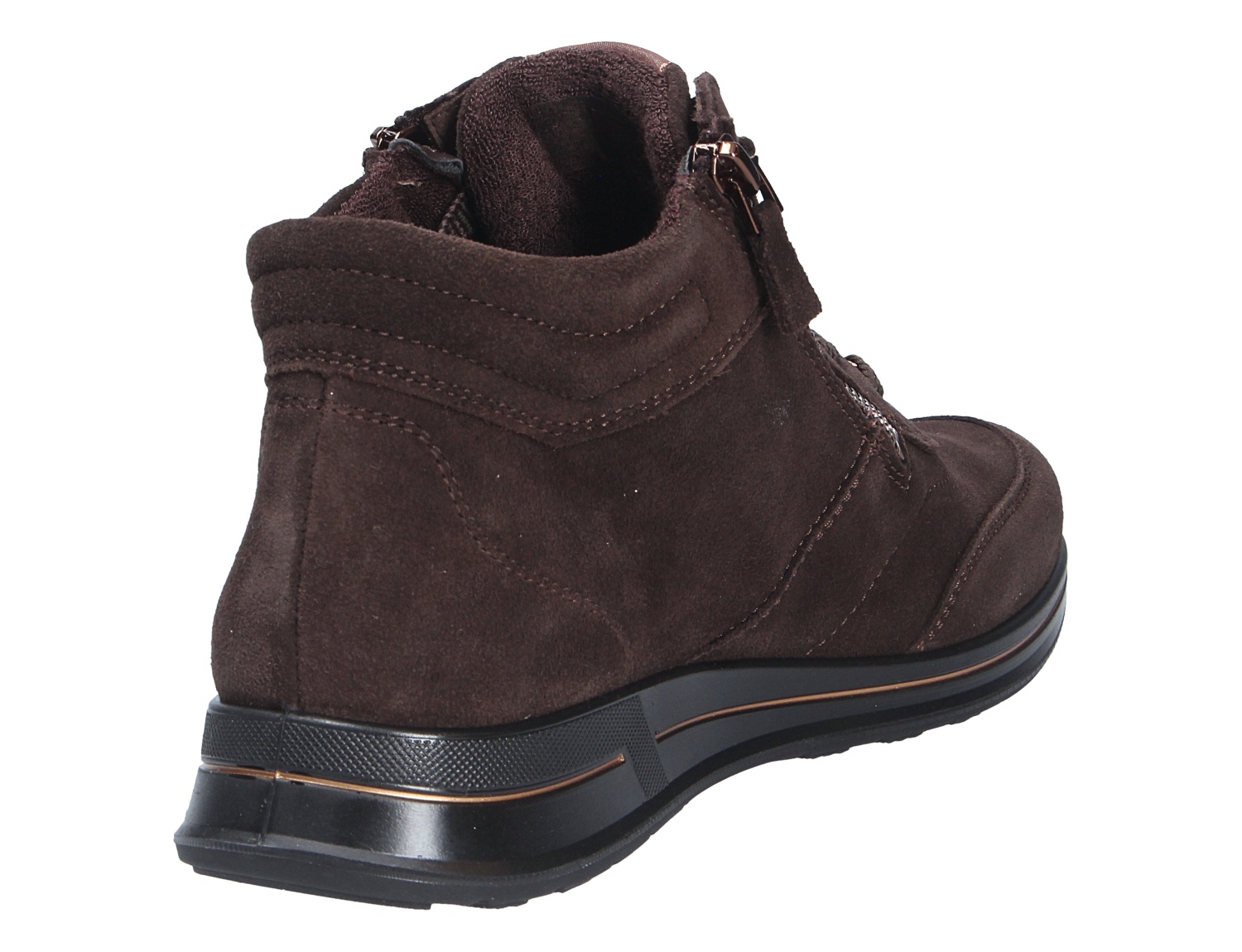 Ara OSAKA Damen-Stiefelette aus dunkelbraunem Veloursleder, Rückansicht mit seitlichem Reißverschluss, gepolstertem Schaft und sportlicher Sohle