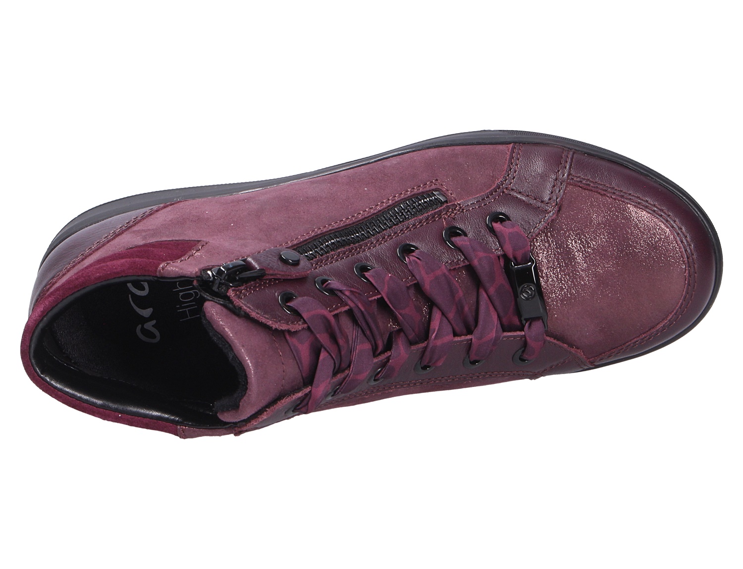 Ara ROM Damen-Sneaker in Bordeaux, Draufsicht auf knöchelhohen Schuh mit Reißverschluss, Schnürung und glänzender Kappe