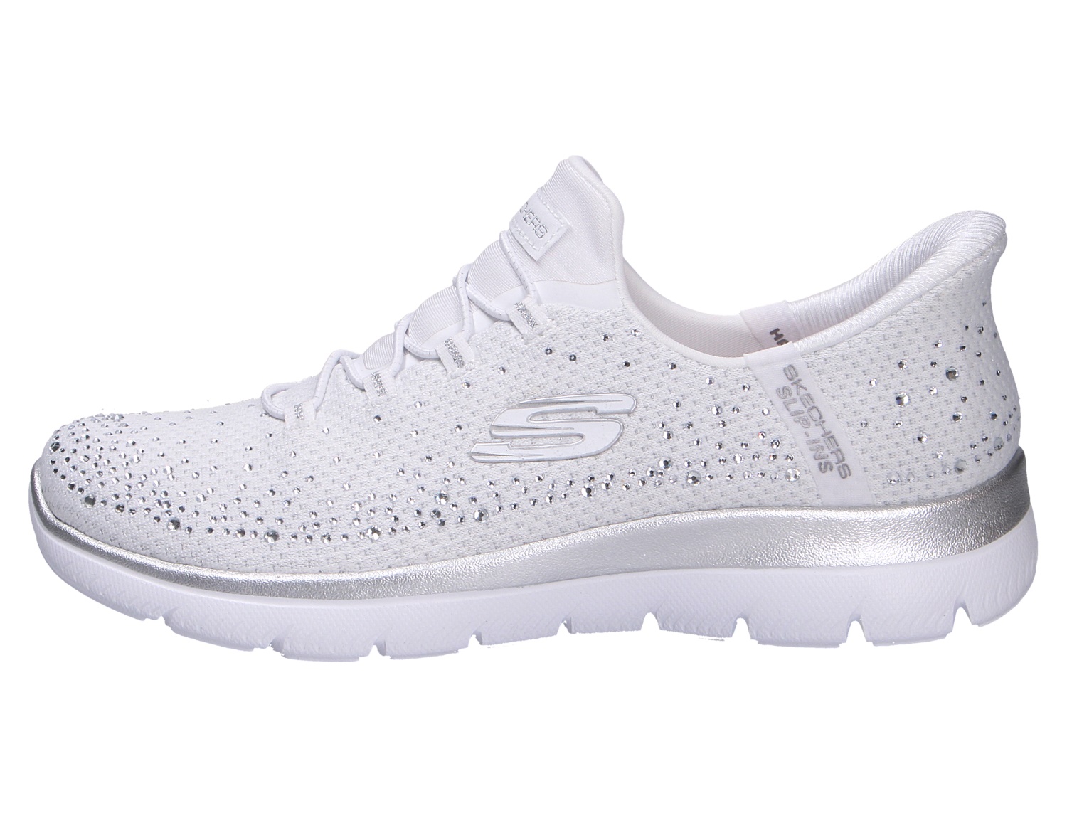 Skechers Summits Slip-Ins Damen-Sneaker in Weiß mit funkelnden Strassdetails und silberner Sohle, Seitenansicht