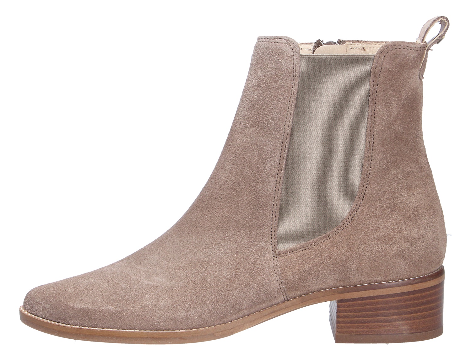 Paul Green Damen Stiefel aus taupefarbenem Veloursleder, Chelsea-Boot mit seitlichem Stretch-Einsatz und Blockabsatz
