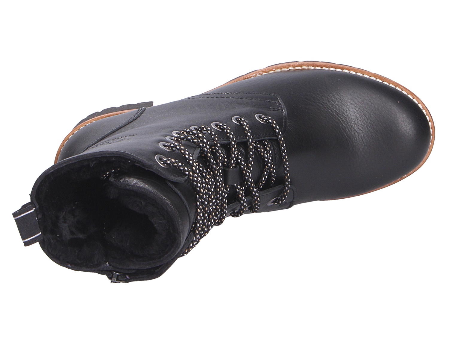 Panama Jack Padma schwarze Leder-Schnürstiefelette mit warmem Innenfutter, Draufsicht auf den gefütterten Boot