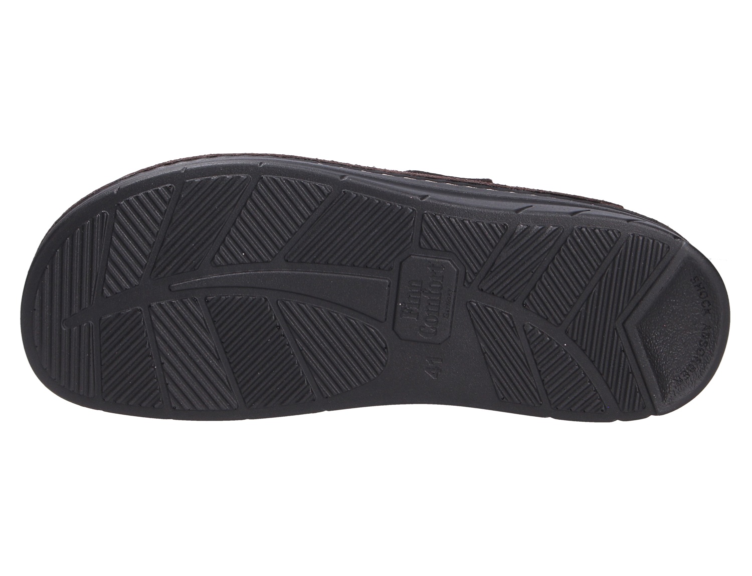 Unteransicht der schwarzen Laufsohle des Finn Comfort PETARE mit profiliertem, rutschhemmendem Sohlenmuster