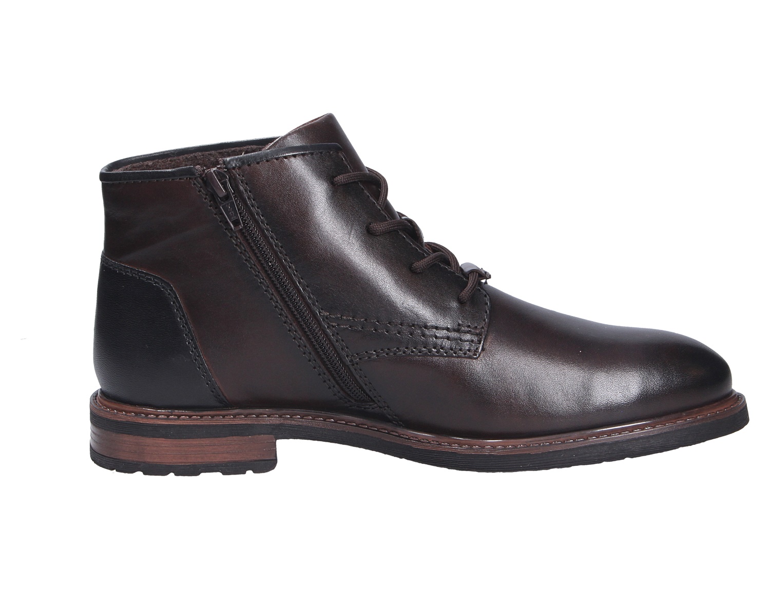 bugatti Herren Stiefel aus dunkelbraunem Leder, seitliche Ansicht, mit Schnürung, Reißverschluss und robuster Sohle