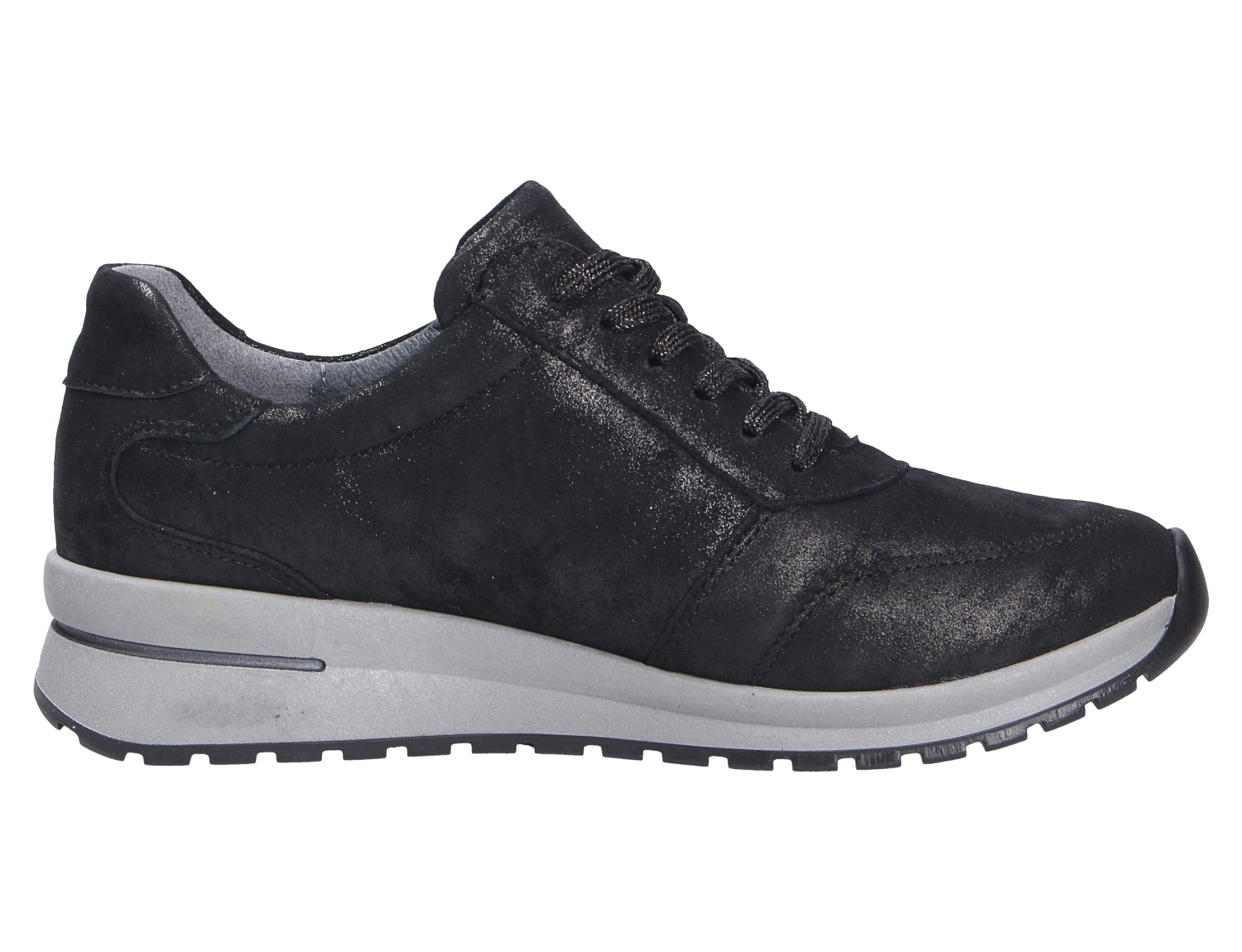 Seitenansicht des Waldläufer H-Inessa Damen-Sneakers in Schwarz aus Veloursleder mit Schnürung und heller, profilierter Keilsohle