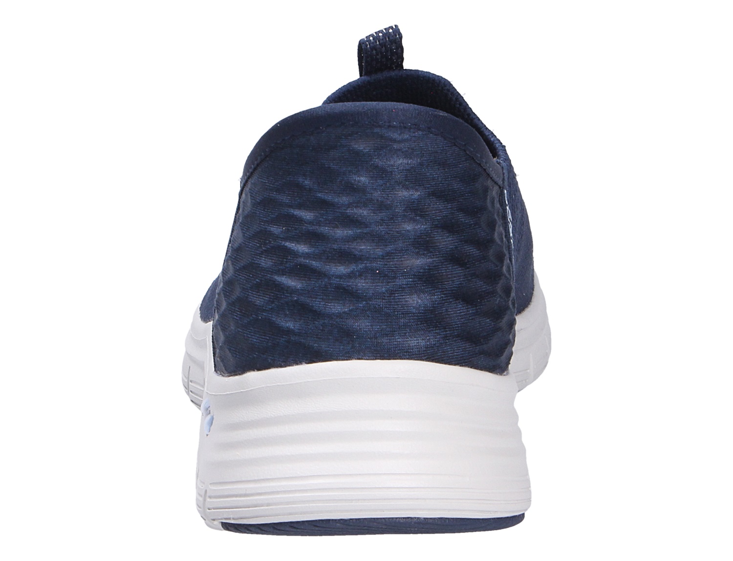 Rückansicht des dunkelblauen Skechers Arch Fit Sneakers mit weißer Laufsohle und sportlichem Design