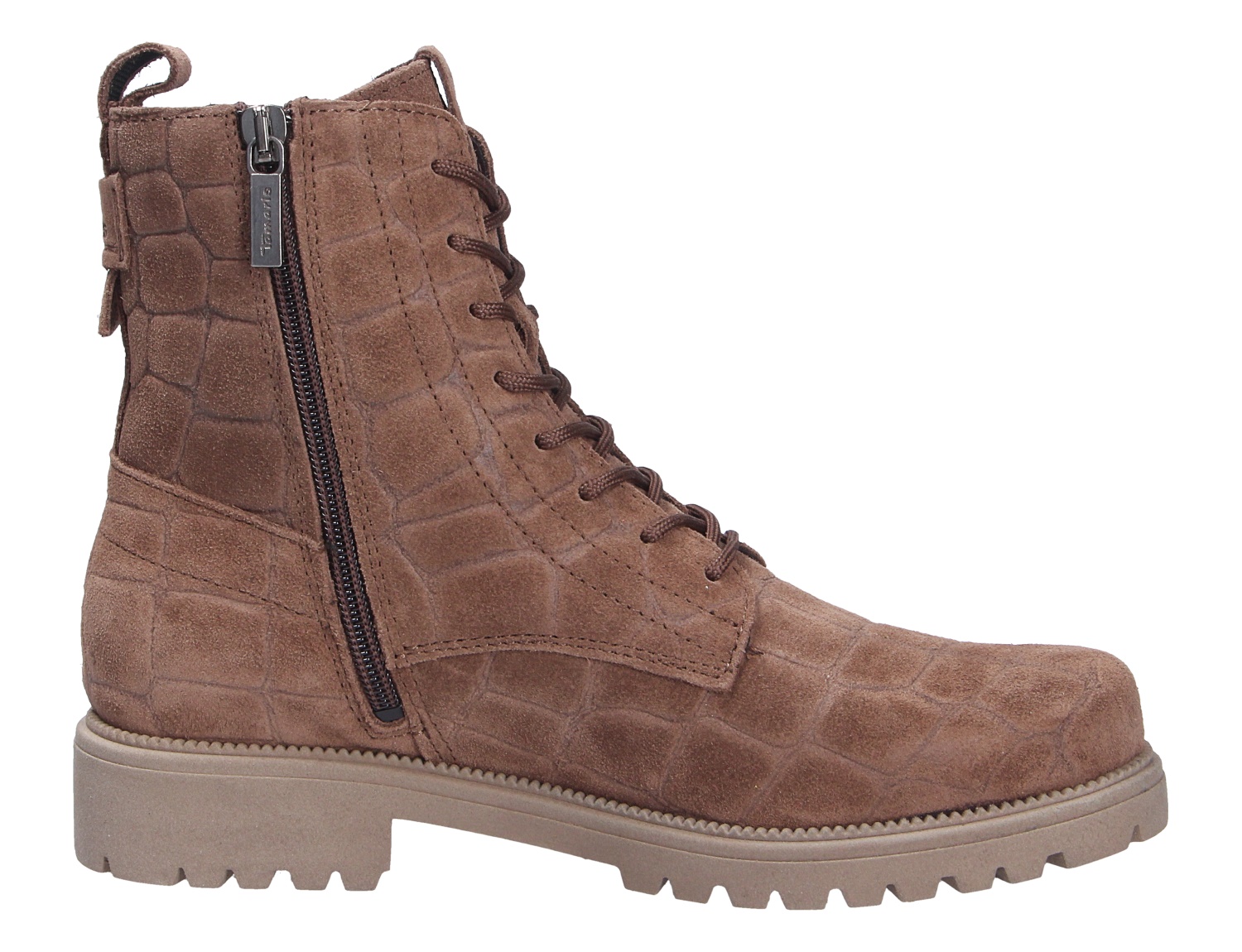 Tamaris Damen Stiefel aus braunem Veloursleder mit Kroko-Prägung, Schnürung, seitlichem Reißverschluss und profilierter Sohle