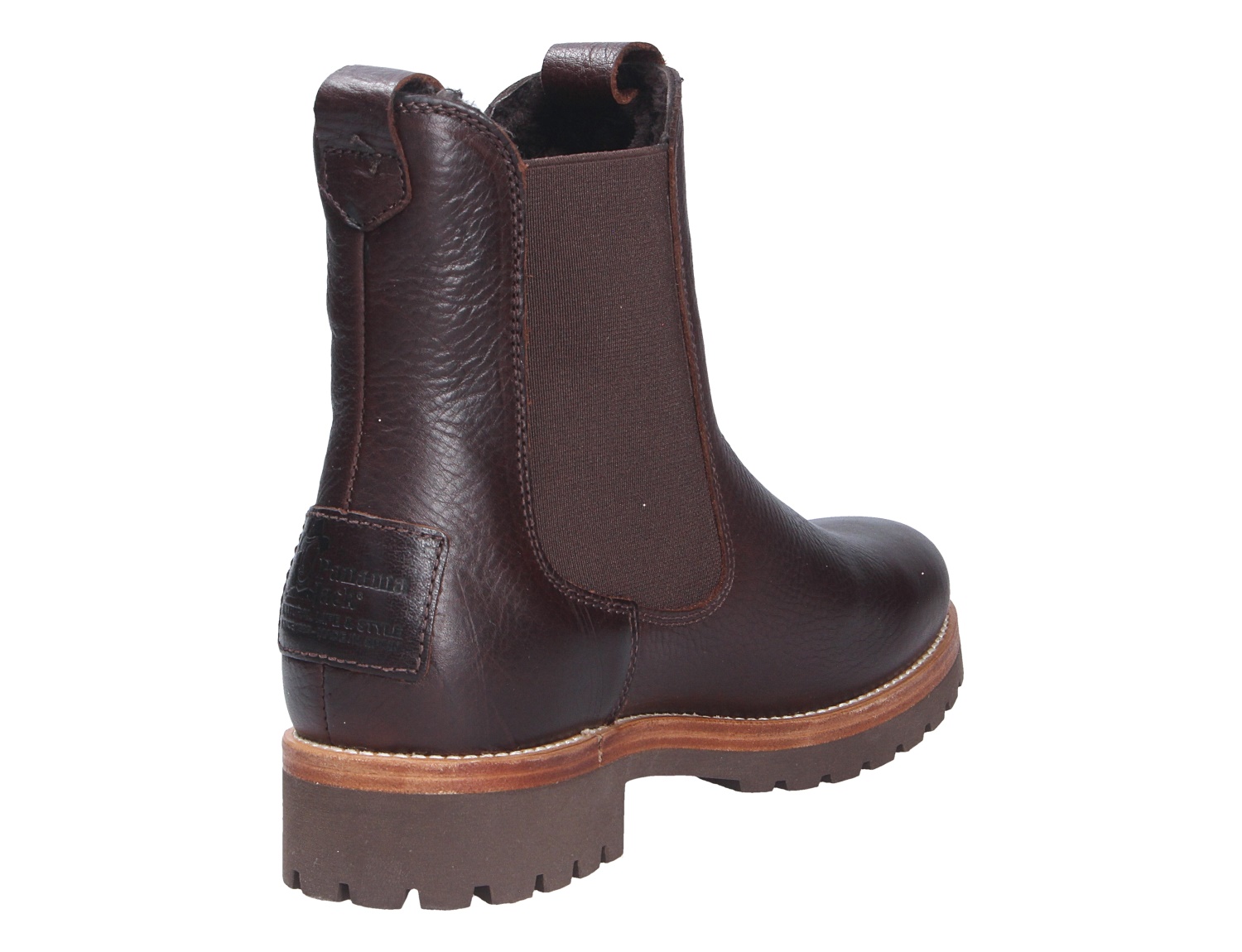 Panama Jack Francesca Chelsea-Boot aus braunem Leder, Seitenansicht mit elastischem Einsatz und markanter Profilsohle