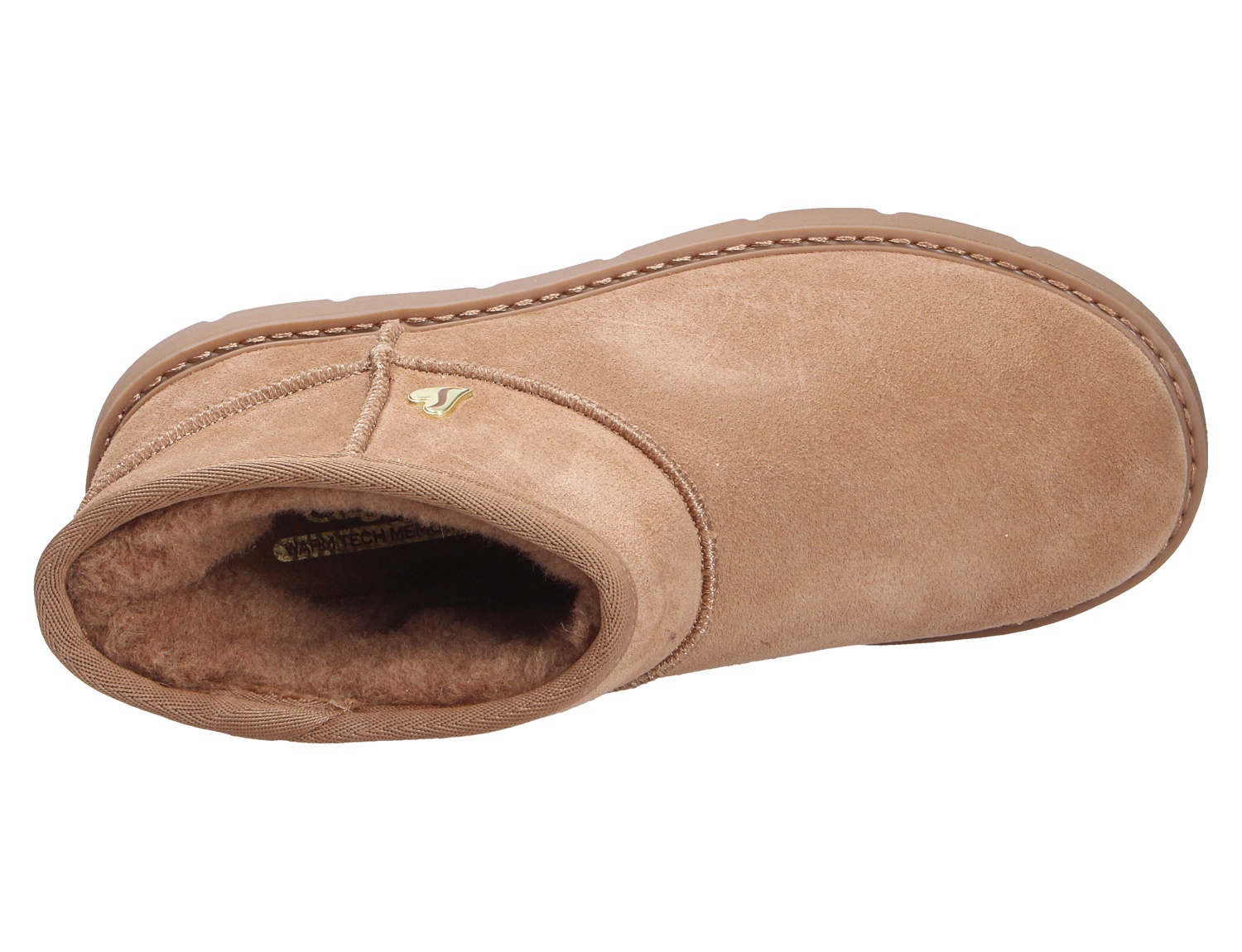 Ansicht von oben des Skechers Keepsakes Cozy Damen-Booties in Braun aus Veloursleder mit kuscheligem Innenfutter und flacher Sohle