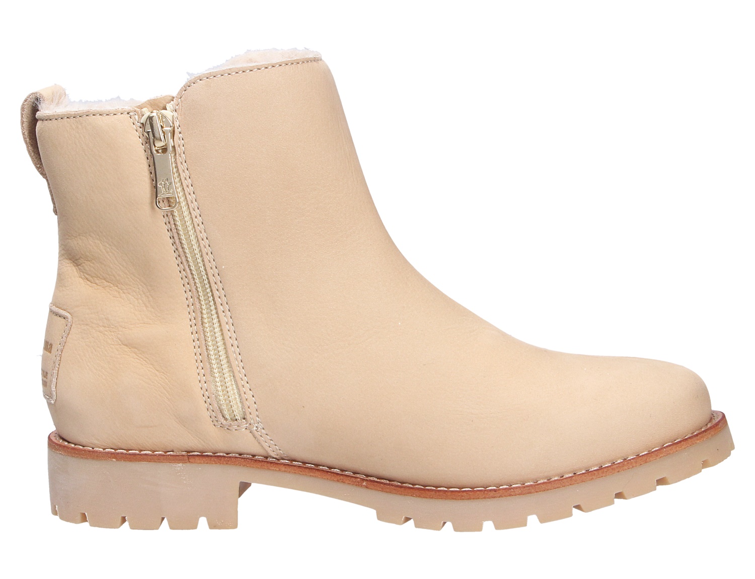 Panama Jack Fiore Damen-Stiefelette in Beige, seitliche Ansicht, mit Reißverschluss, Profilsohle und warmem Innenfutter