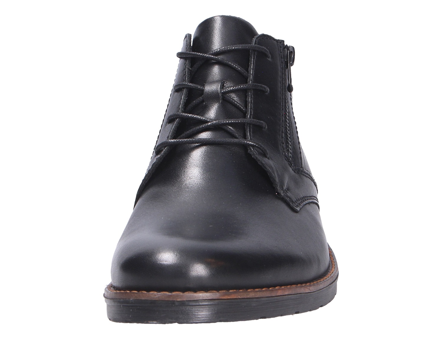 Rieker Herren Stiefel in Schwarz, Frontansicht eines eleganten Lederstiefels mit Schnürung, seitlichem Reißverschluss und flacher Sohle