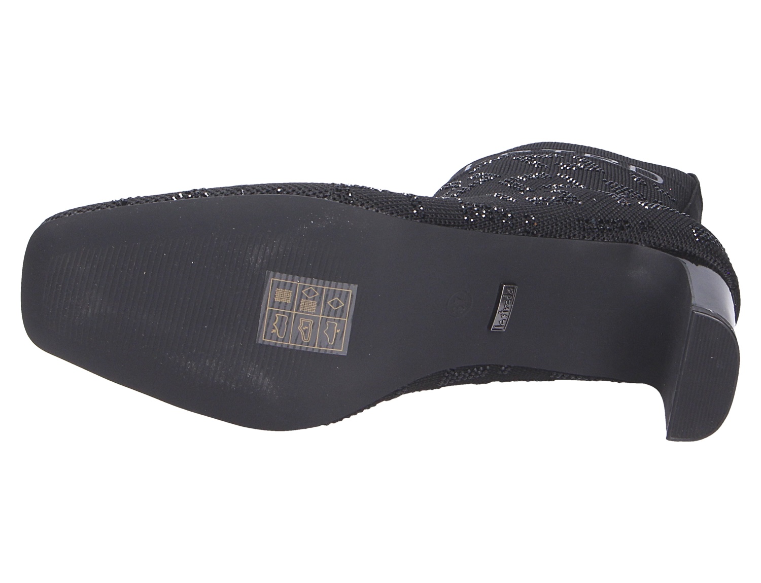 Unteransicht der schwarzen La Strada Damen Stiefel mit flacher Schuhsohle und kleinem Absatz
