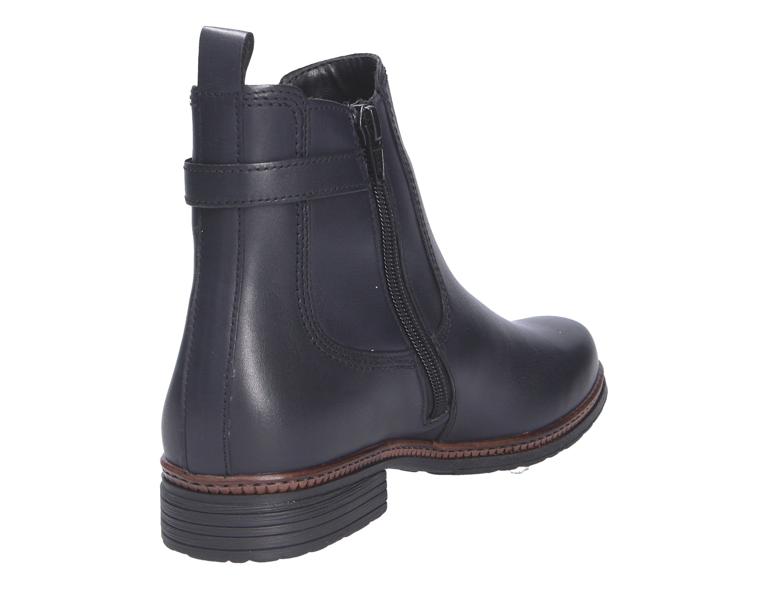 Gabor Damen Stiefel in Schwarz aus Leder, seitliche Ansicht einer eleganten Stiefelette mit Reißverschluss, Zuglasche und niedrigem Blockabsatz