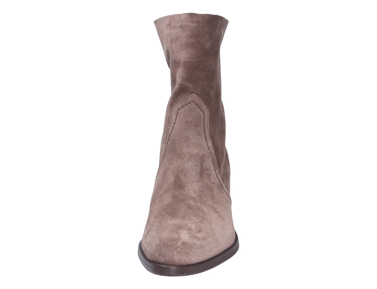 Vorderansicht der Paul Green Damen Stiefel aus taupefarbenem Veloursleder mit schmalem Schaft und flacher Sohle