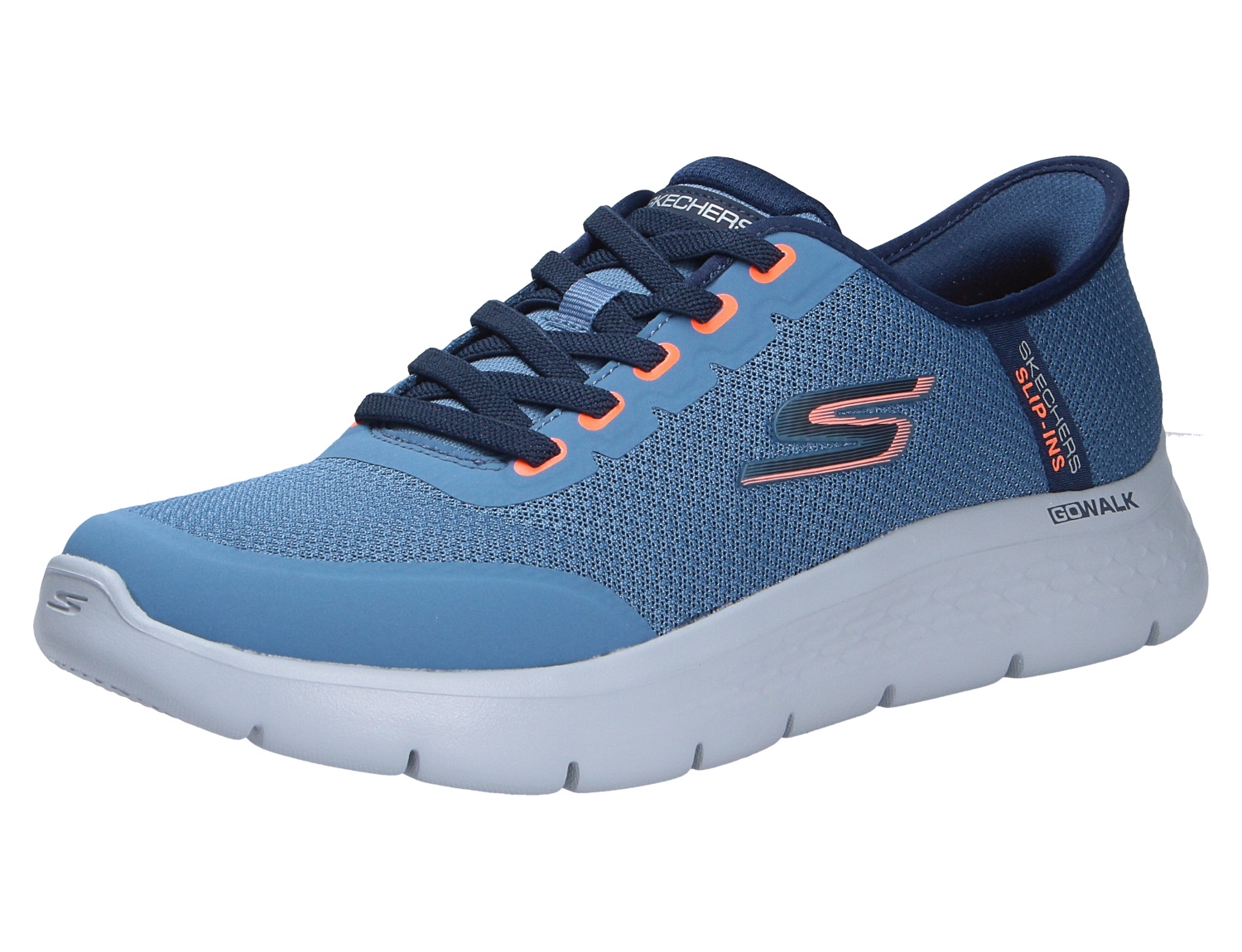 Skechers Herren Sneaker in Blau mit atmungsaktivem Mesh-Obermaterial, navy Schnürsenkeln und heller Go Walk Laufsohle, seitliche Ansicht
