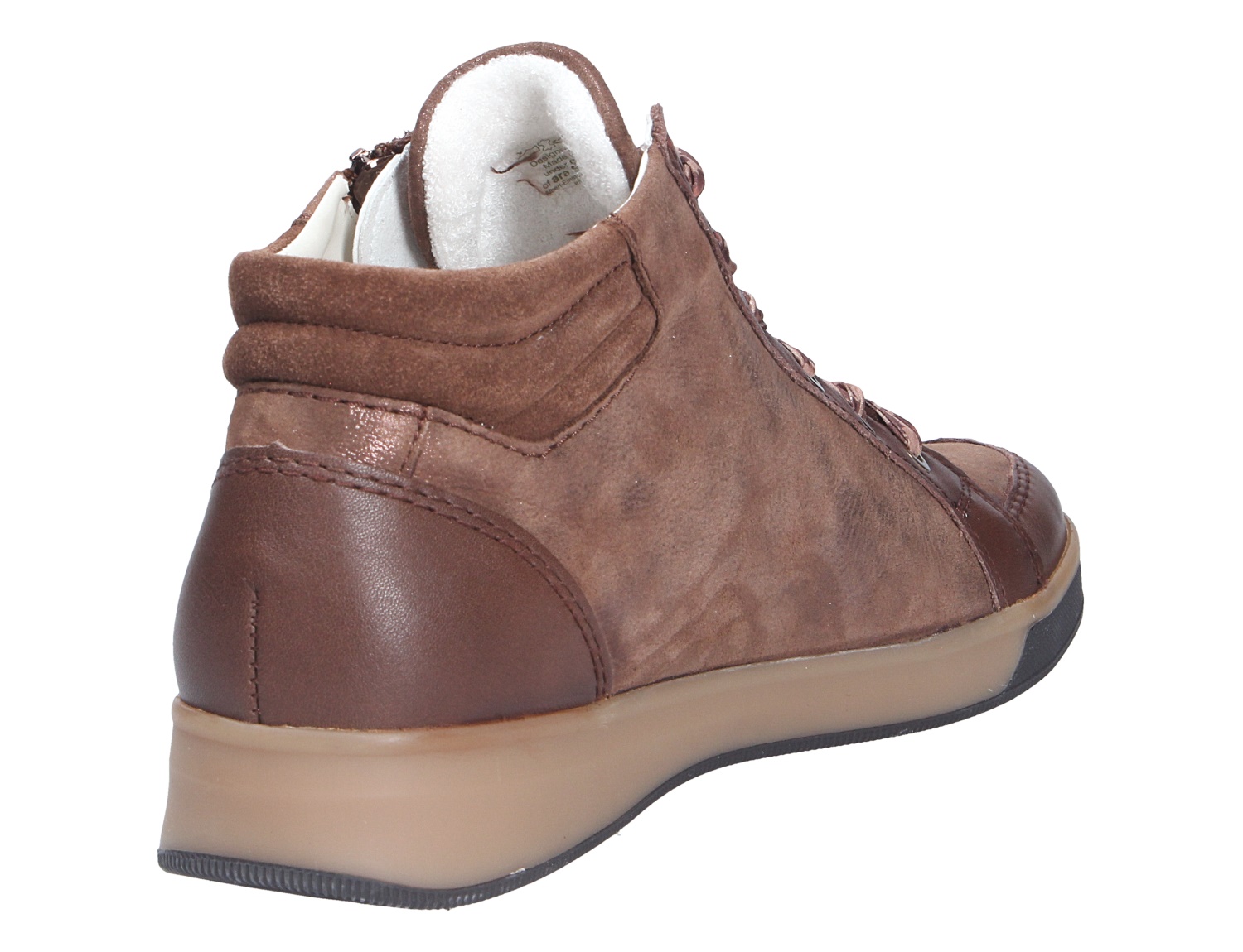 Rückansicht des braunen Ara ROM Damen-Sneakers mit hohem Schaft, Schnürung und heller Sohle