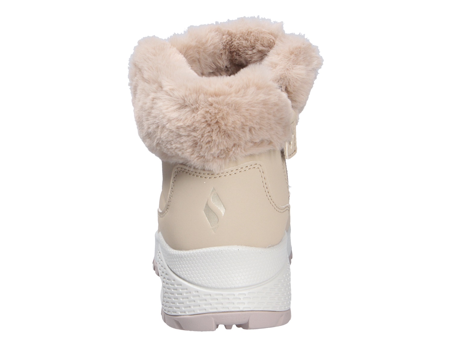 Rückansicht des Skechers Uno Rugged in Beige: robuster Winterboot mit weichem Kunstfellkragen und profilierter Sohle