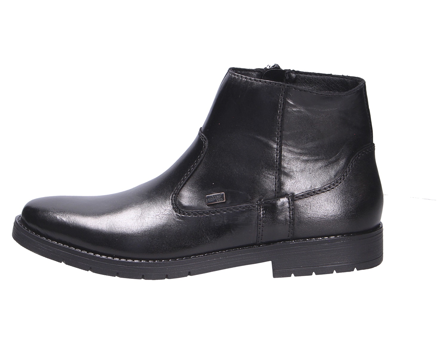 Rieker Herren Stiefel in Schwarz aus glattem Leder in Seitenansicht mit Reißverschluss und profilierter Sohle