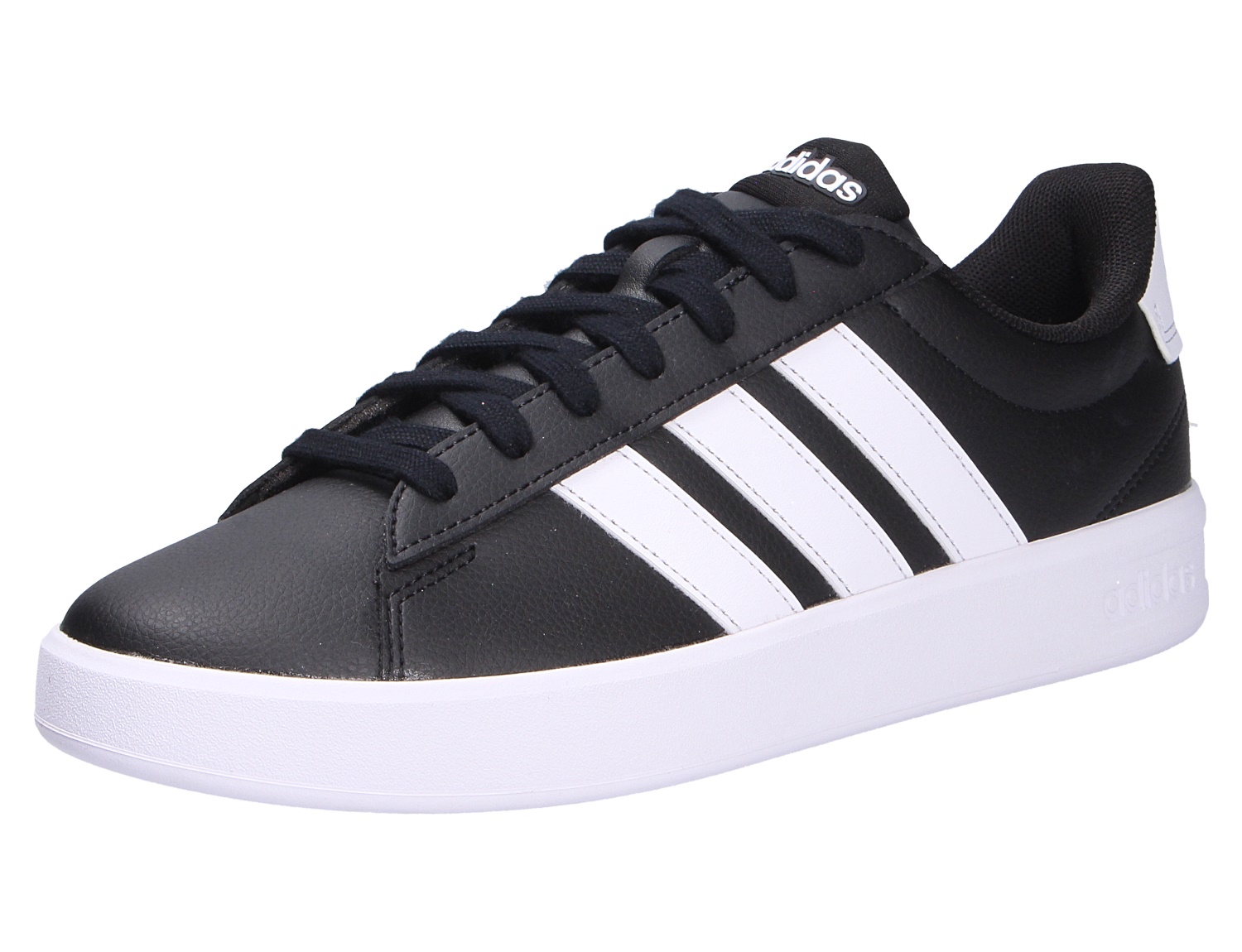 adidas GRAND COURT 3.0 Sneaker in Schwarz mit weißen 3-Streifen und weißer Sohle, seitliche Produktansicht