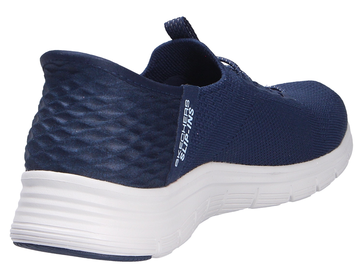 Skechers Arch Fit Sneaker in Dunkelblau mit weißer Laufsohle, sportlicher Strick-Optik in Rück- und Seitenansicht