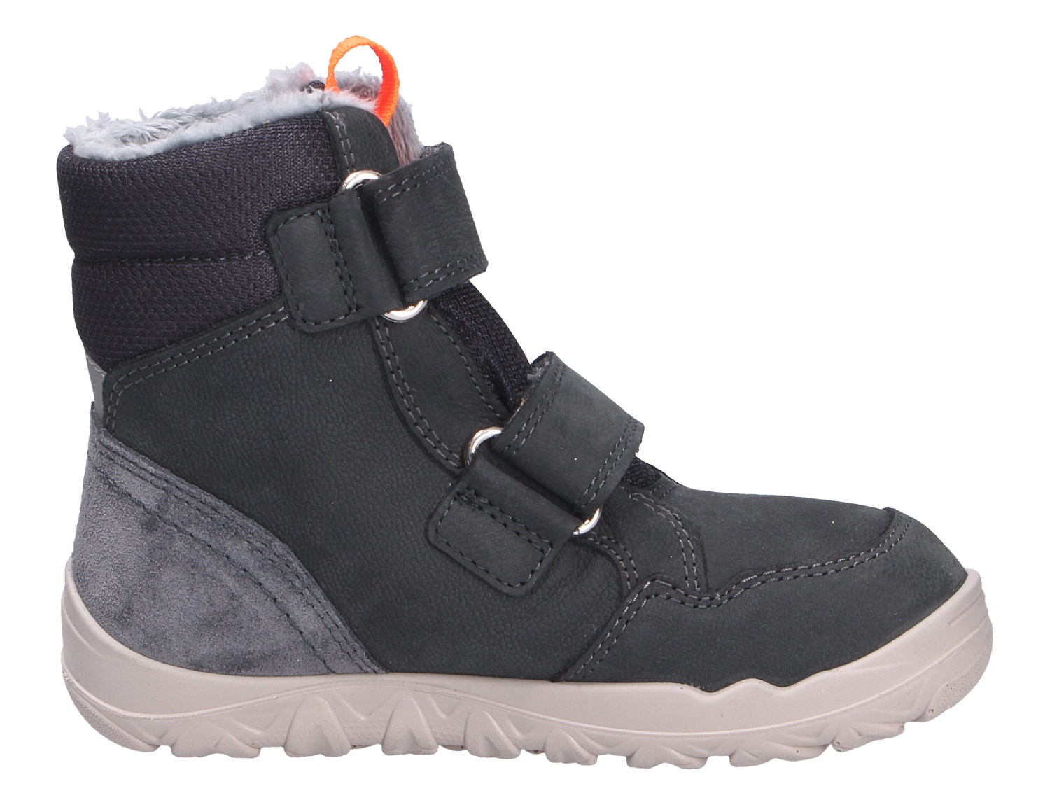 Superfit WALDERI Kinder-Winterstiefel in Schwarz, seitliche Ansicht, mit zwei Klettverschlüssen, warmem Innenfutter und profilierter Sohle