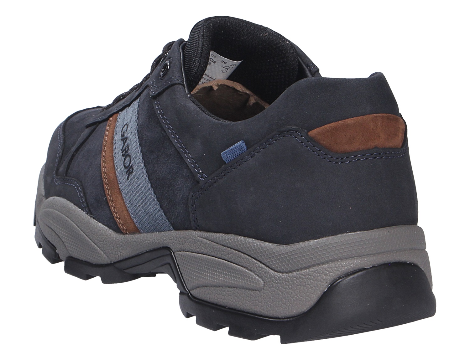 Rückansicht der Pius Gabor Herren Schnürschuhe in Dunkelblau mit grauer Profilsohle, blauen und braunen Akzenten