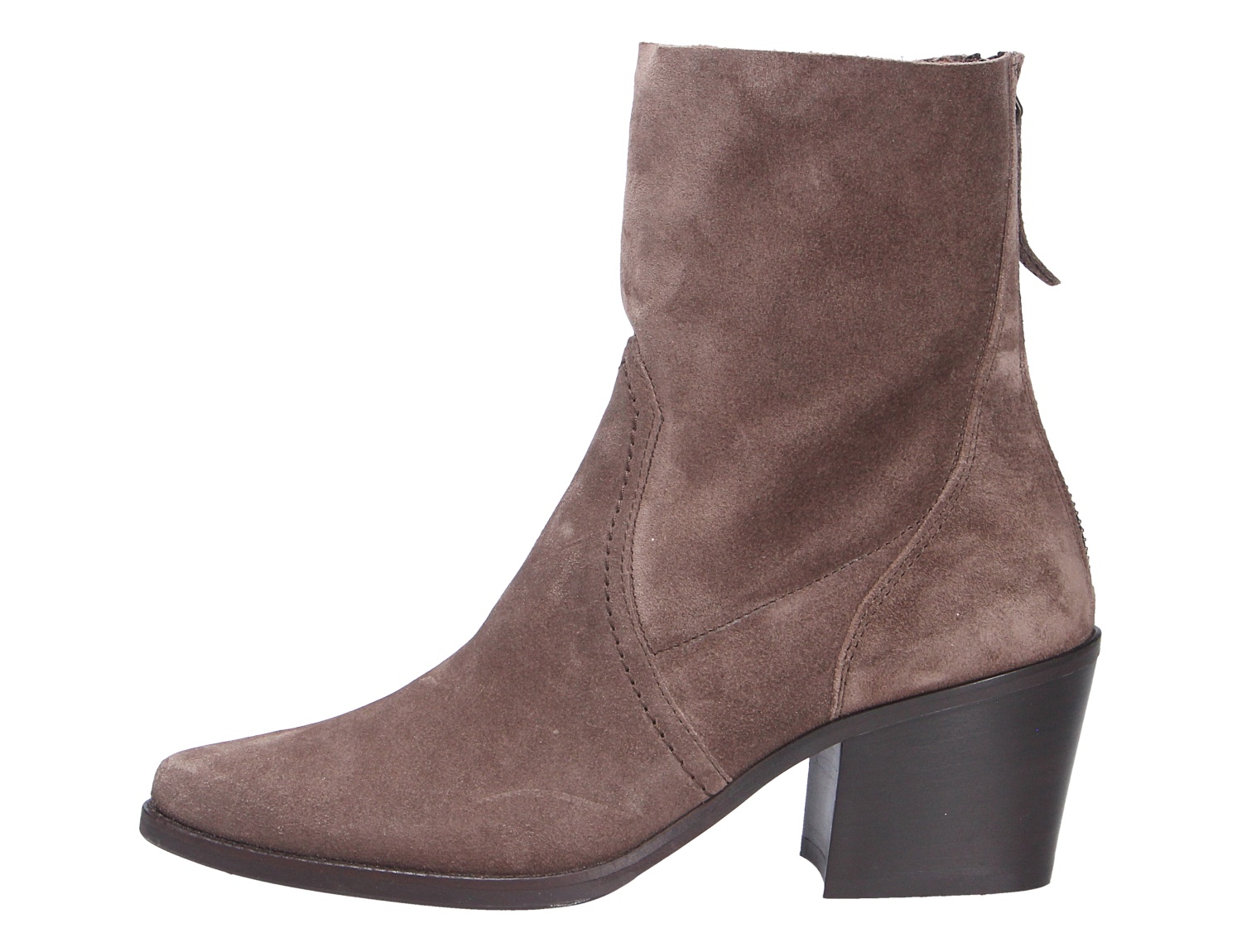 Paul Green Damen Stiefel aus braunem Veloursleder, knöchelhoch mit seitlichem Reißverschluss und hohem Blockabsatz
