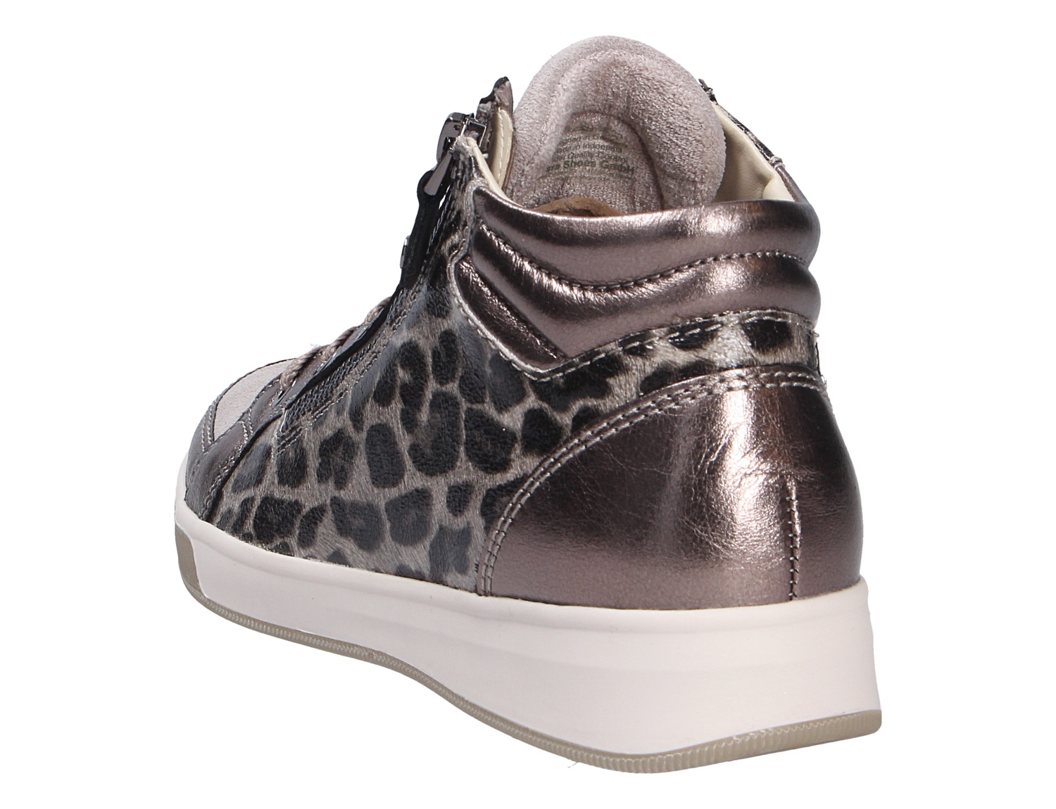 Rückansicht des Ara ROM Sneakers in metallic Bronze mit Animal-Print, Reißverschluss und weißer Sohle