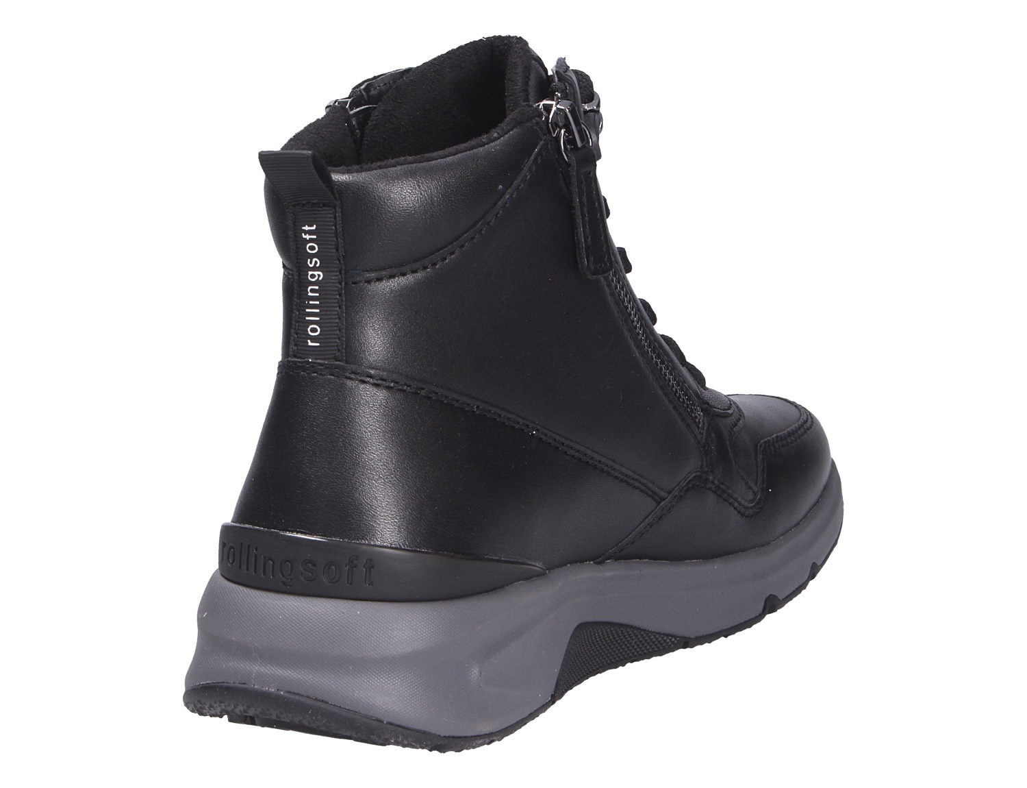 Gabor Damen Stiefel in Schwarz aus Glattleder, sportlicher Boot mit Reißverschluss, Schnürung und robuster Sohle in Seiten- und Rückansicht