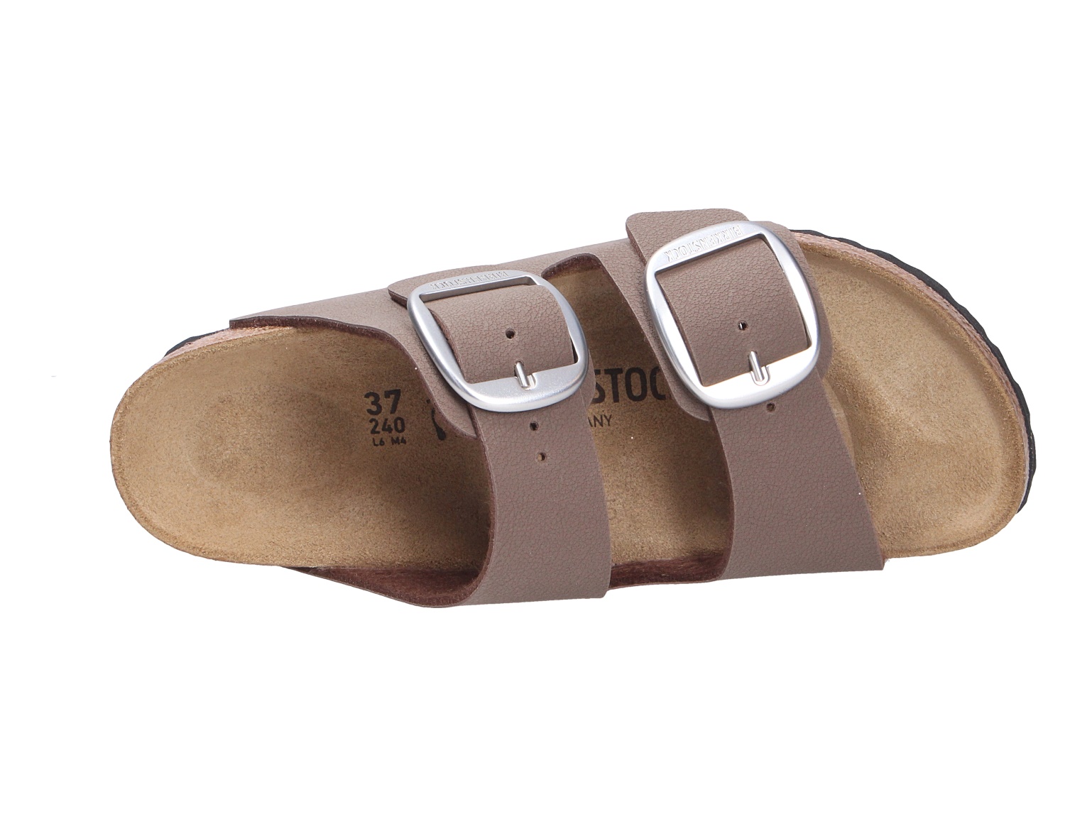 Birkenstock Arizona Big Buckle, taupefarbene Sandale mit zwei breiten Riemen und großen silbernen Schnallen, Ansicht von oben