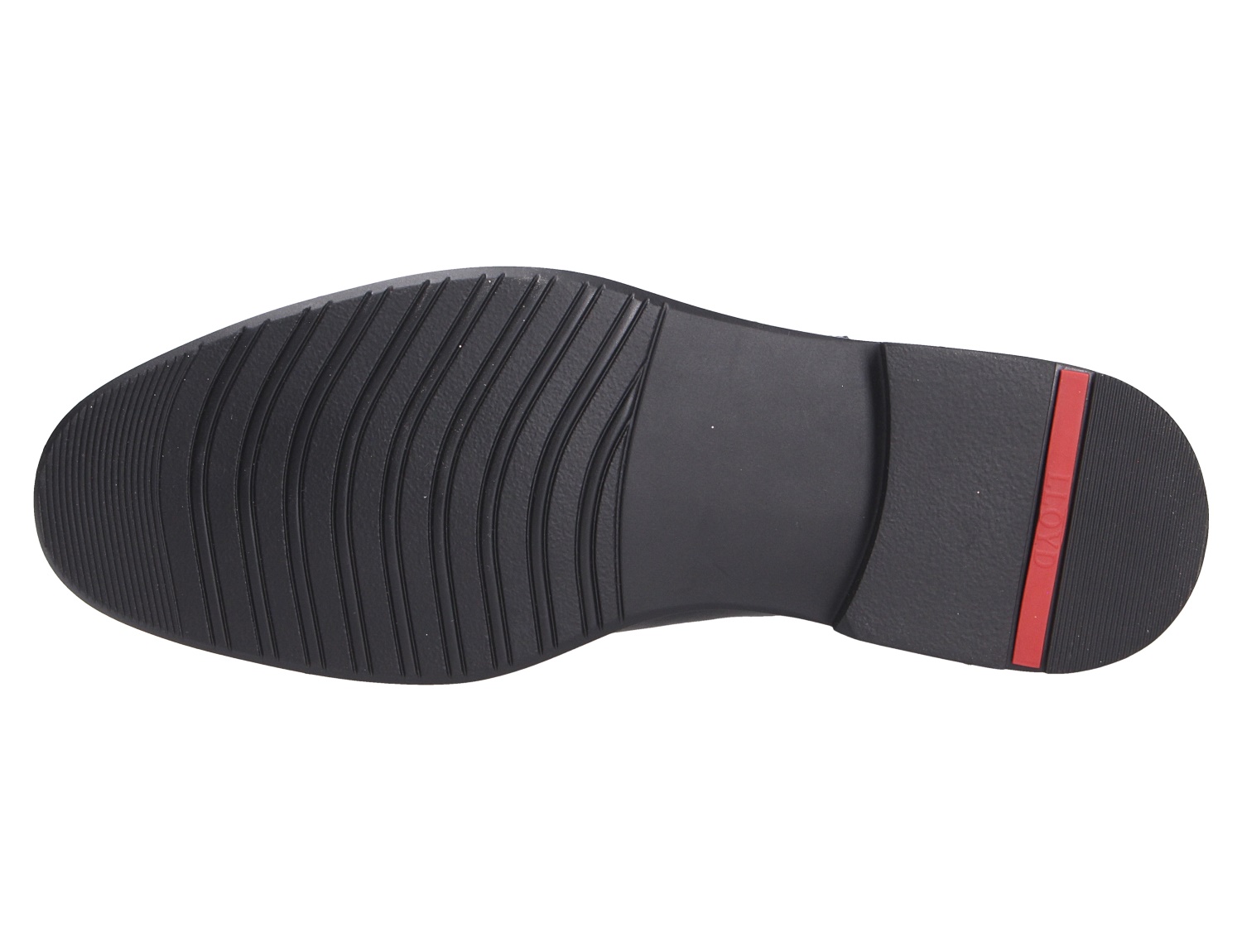 Unteransicht der schwarzen Schuhsohle des Lloyd CORE 315 mit profiliertem Vorderfuß und rotem Absatzdetail