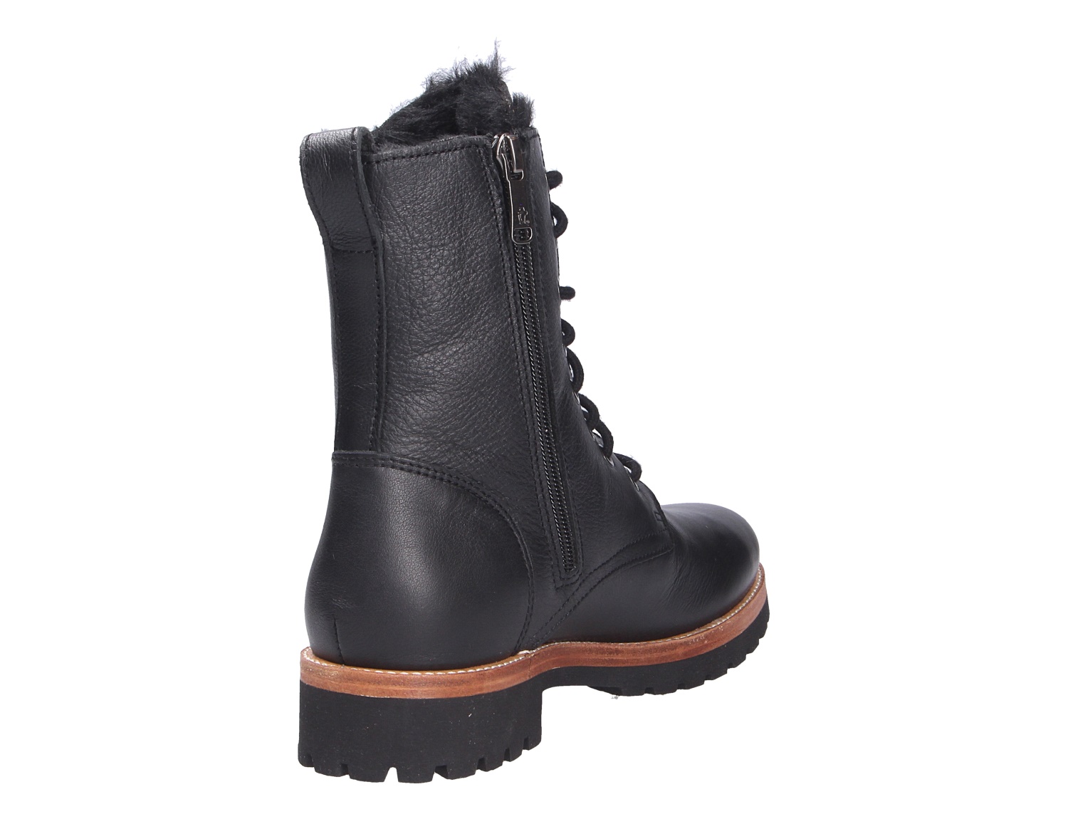 Panama Jack Frisia Damen-Stiefelette aus schwarzem Leder, Seitenansicht mit Reißverschluss, Schnürung, warmem Futter und robuster Profilsohle