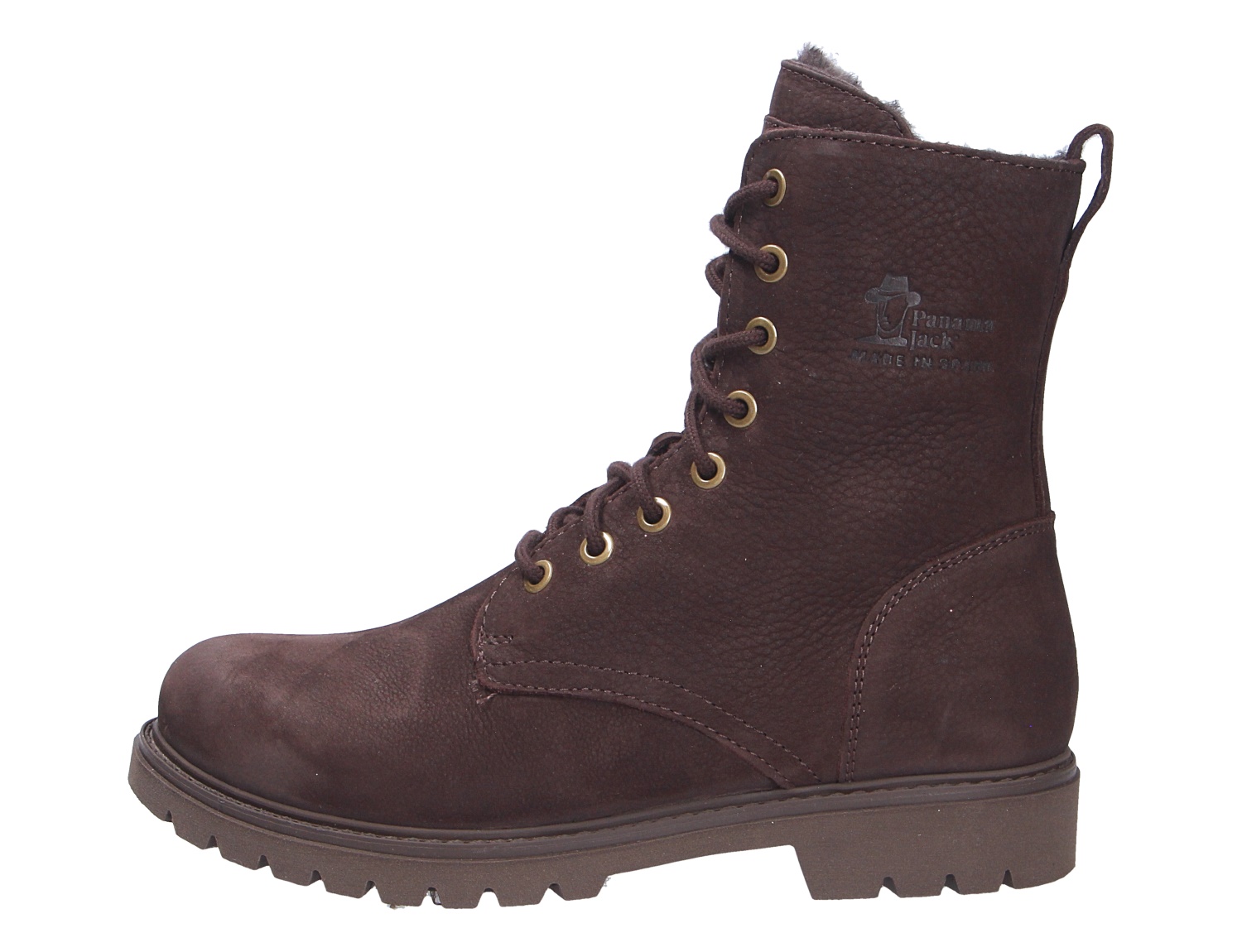 Panama Jack Frisia Damen Schnürstiefelette aus braunem Leder, seitliche Ansicht, mit Profilsohle und warmem Innenfutter