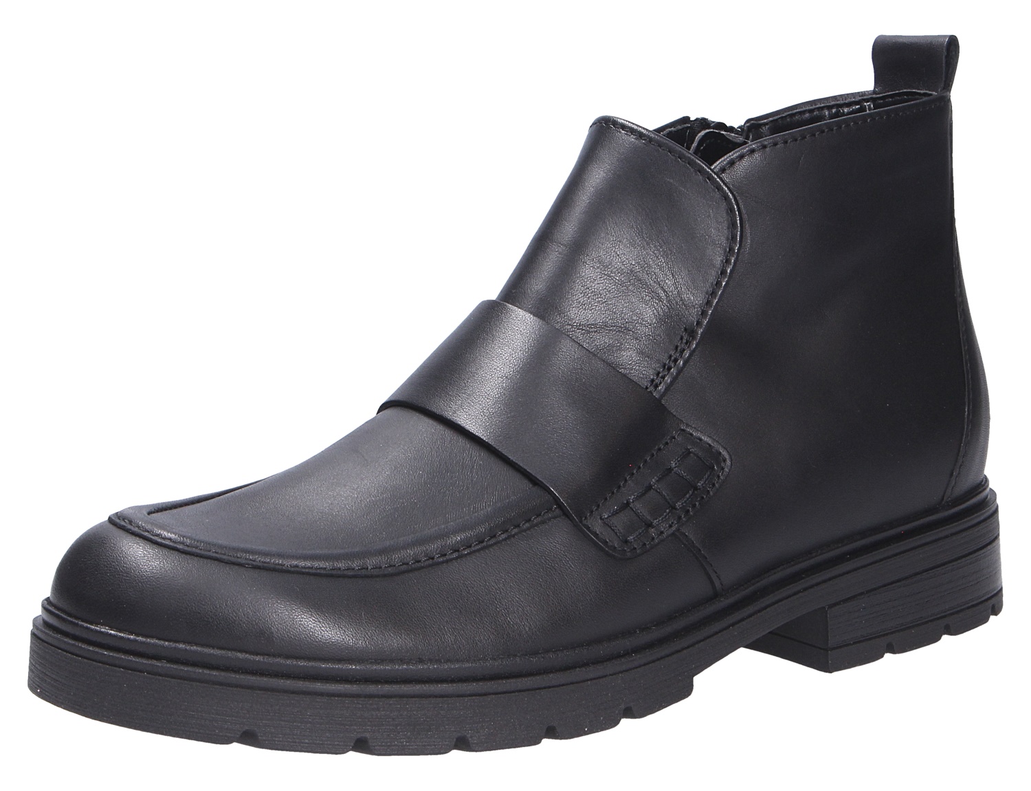 Gabor Damen Stiefel in Schwarz, knöchelhoher Lederstiefel mit Reißverschluss, breitem Riemendetail und robuster profilierter Sohle