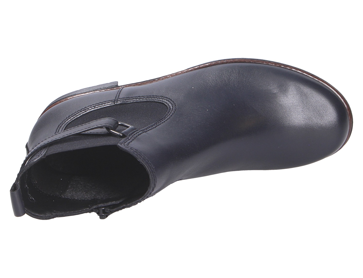 Gabor Damen Stiefel aus schwarzem Glattleder, seitliche Ansicht mit Elastikeinsatz und Riemendetail
