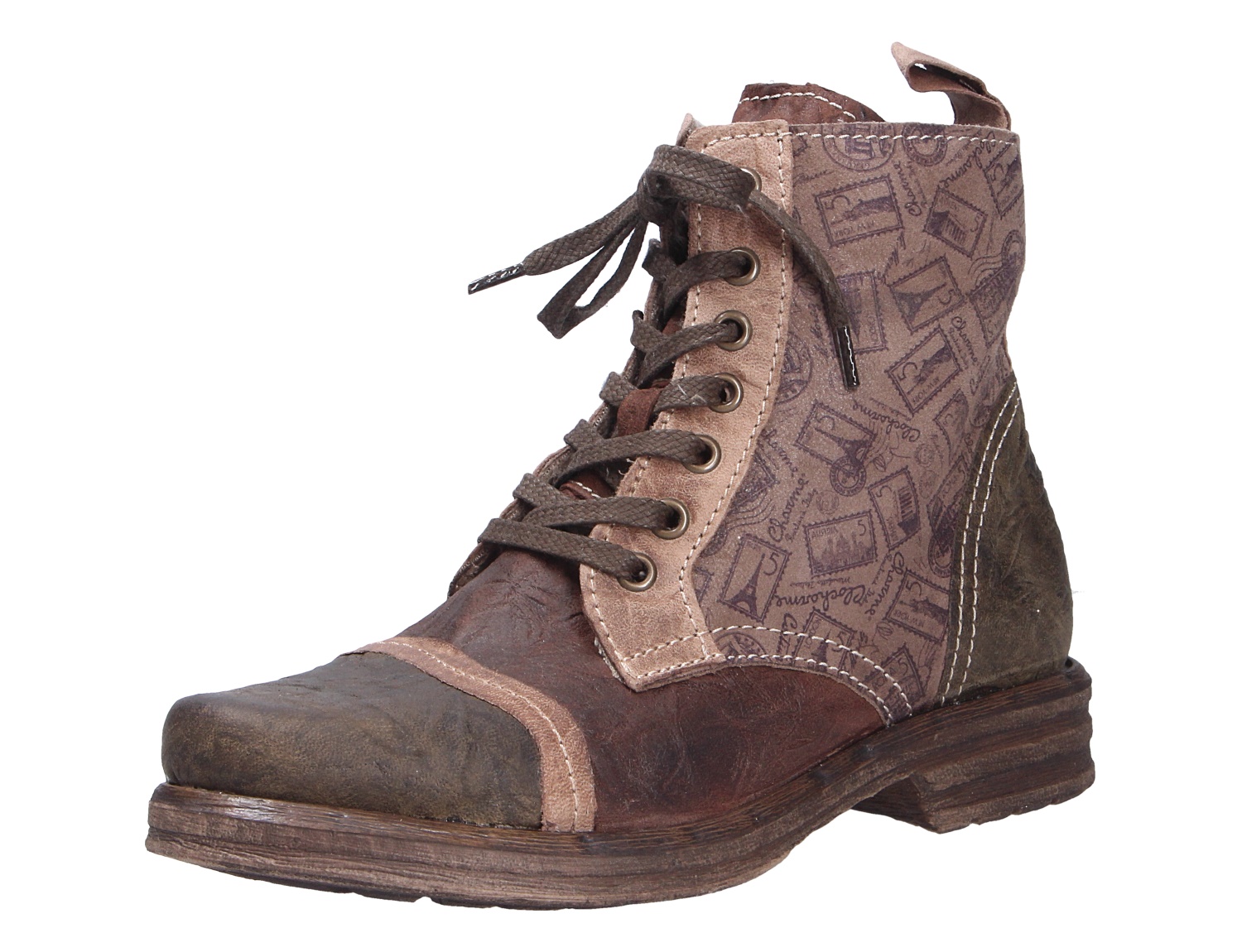 Charme Etnic 9 Damen Schnürstiefelette in Braun, knöchelhoher Boot im Vintage-Look mit Schnürung, Kontrastnähten und bedrucktem Schaft