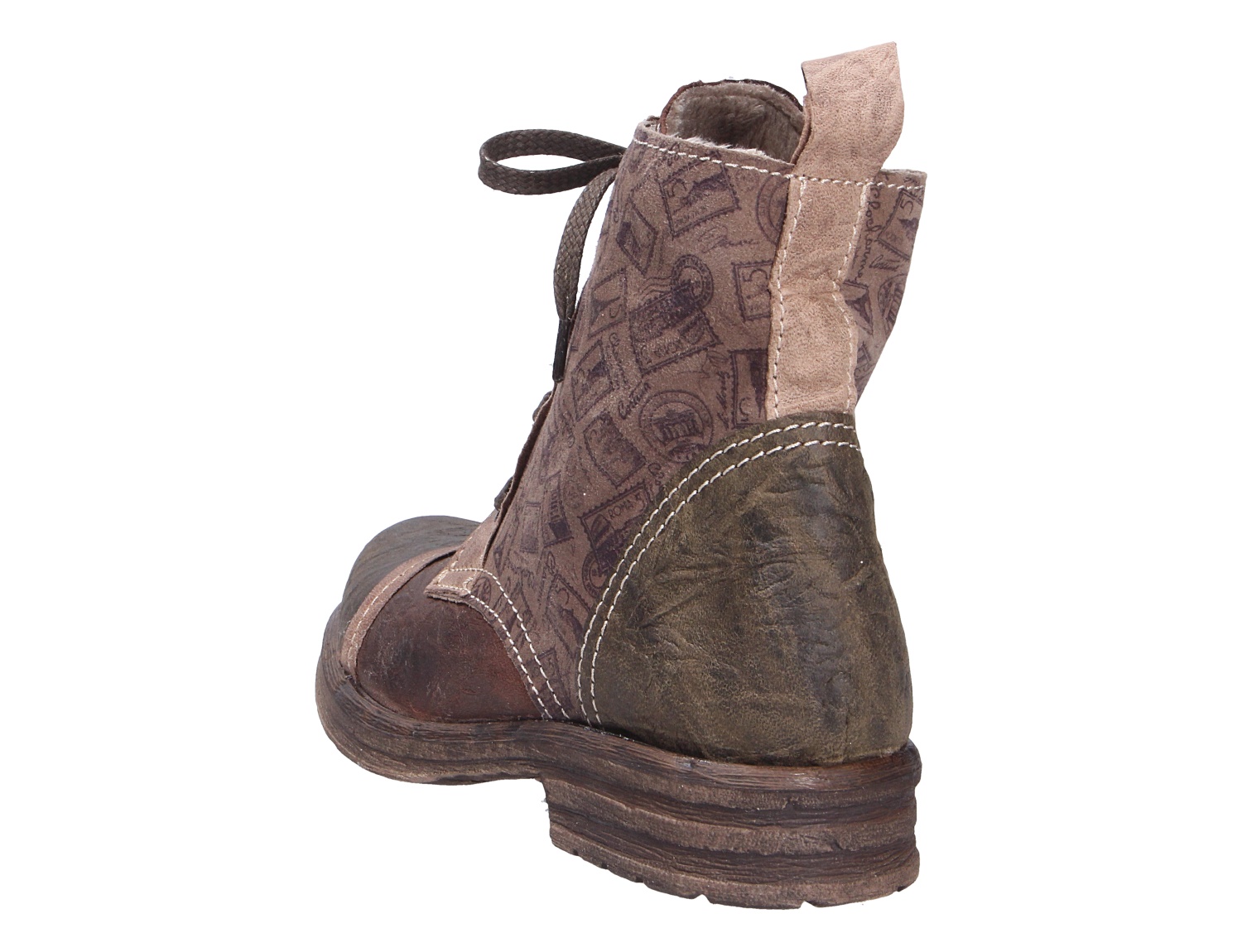 Charme Etnic 9 Damen Schnürstiefelette in Braun, Rück- und Seitenansicht, mit gemustertem Schaft und markanter Used-Optik