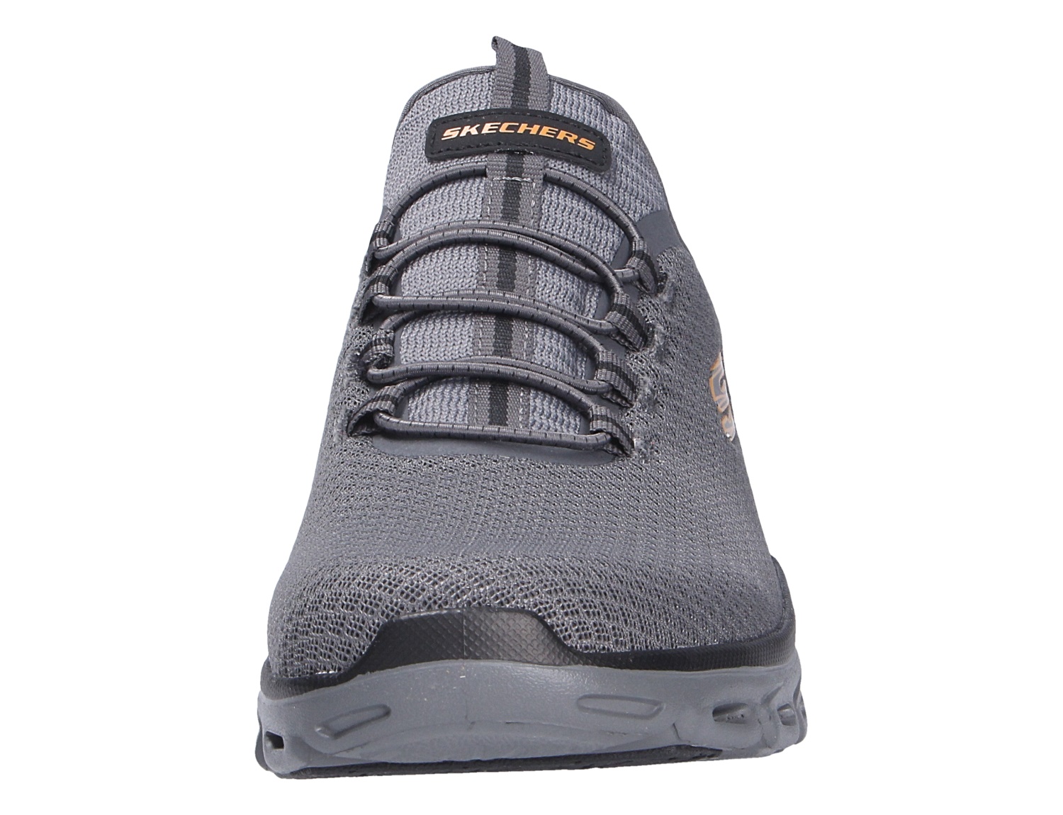 Frontansicht des grauen Skechers Glide Step Noxus Sneakers mit atmungsaktivem Mesh-Obermaterial und sportlichem Komfort für den Alltag