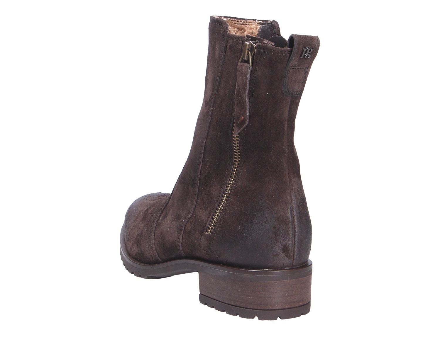Paul Green Damen Stiefel in Dunkelbraun aus Veloursleder, seitliche Rückansicht mit Reißverschluss, warmem Innenfutter und Blockabsatz