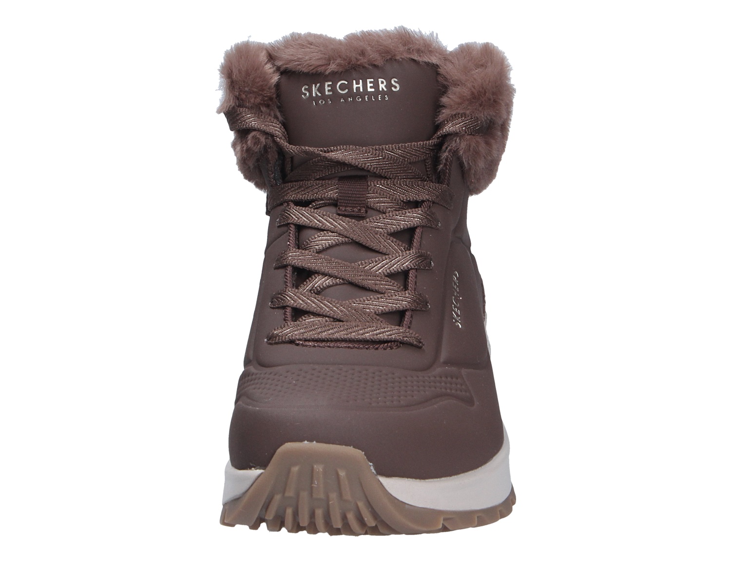Frontansicht des braunen Skechers Uno Rugged Winter-Sneakers mit Schnürung, kuscheligem Kunstfellkragen und profilierter Sohle
