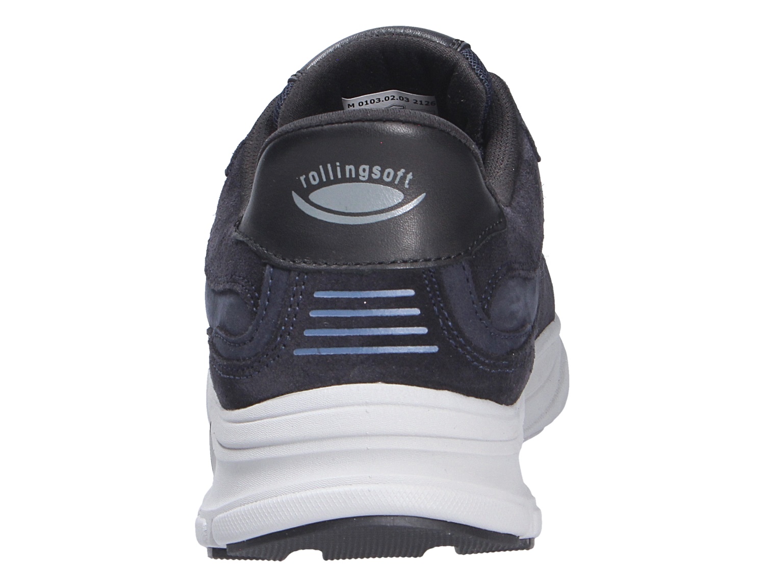 Rückansicht der Pius Gabor Herren Schnürschuhe in Navy mit weißer Sohle und rollingsoft-Detail am Fersenbereich