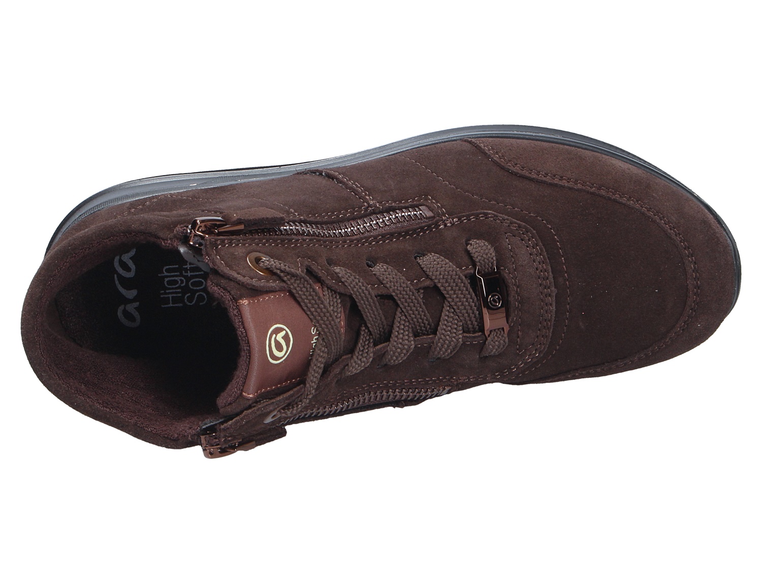 Ara OSAKA brauner Sneaker aus Veloursleder, Draufsicht mit Schnürsenkeln und seitlichem Reißverschluss