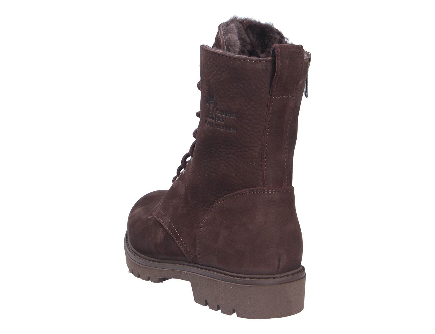 Panama Jack Frisia braune Winterstiefelette aus Leder mit Warmfutter, Schnürung und Reißverschluss, Ansicht von hinten schräg