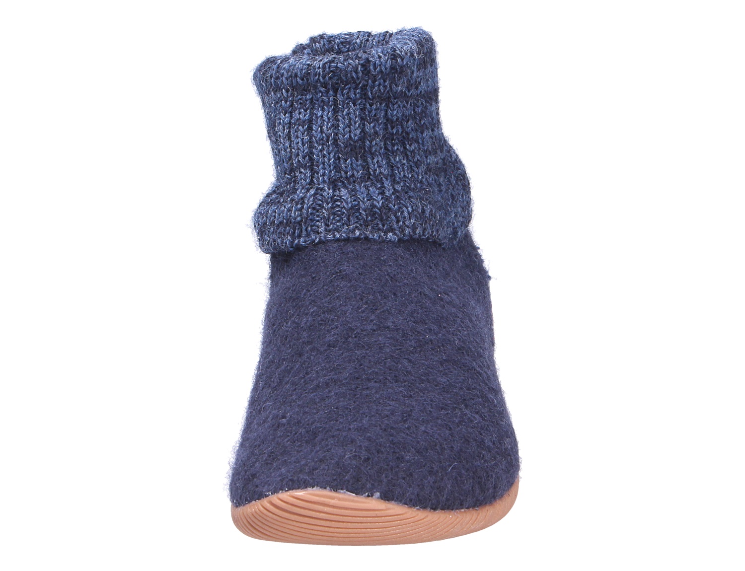 Rückansicht des dunkelblauen Giesswein Hausschuhs WILDPOLDSRIED aus Wollfilz mit gestricktem Schaft und rutschfester Sohle