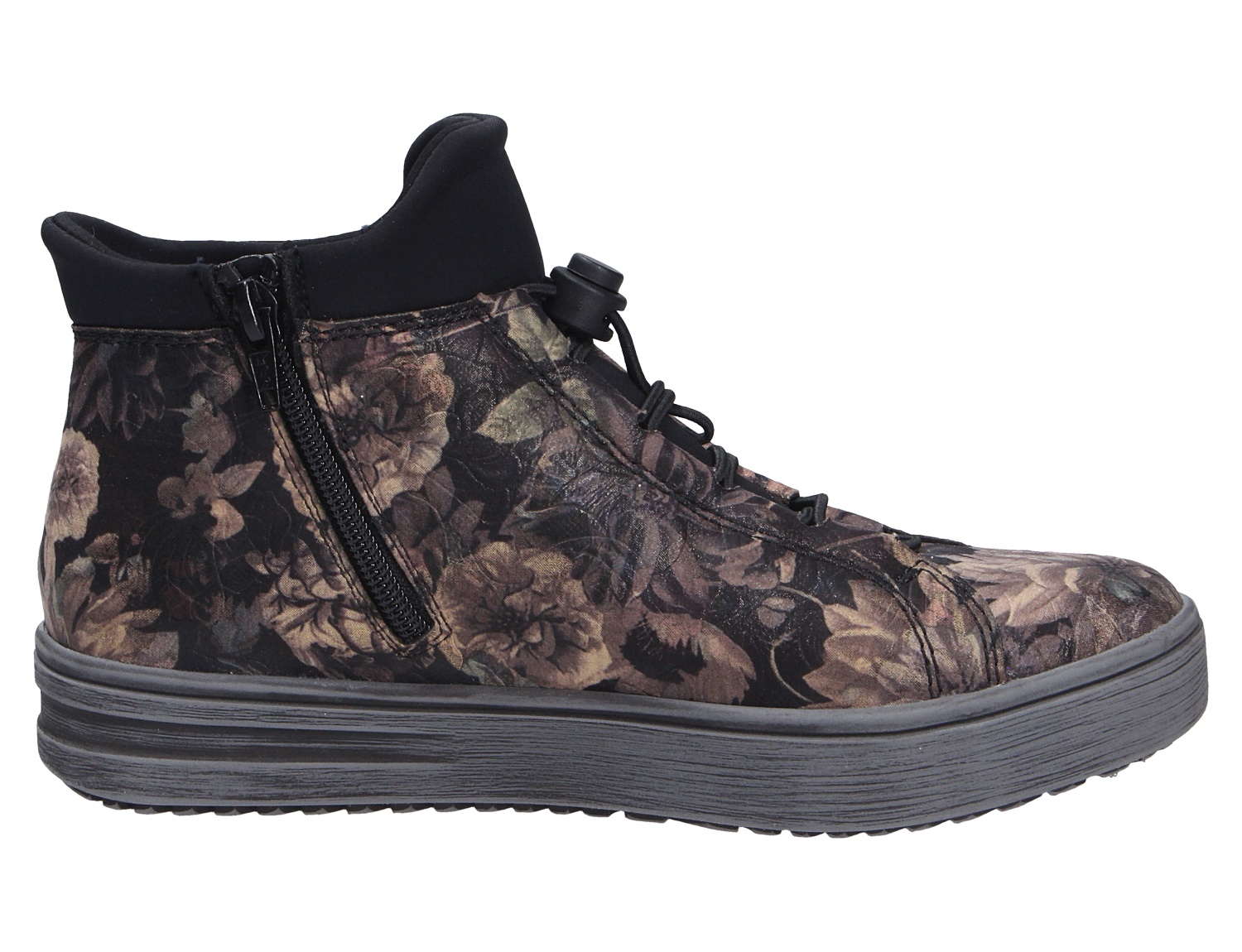 Rieker Damen Stiefel in Schwarz mit floralem Muster, seitlichem Reißverschluss, Schnürung und robuster Keilsohle