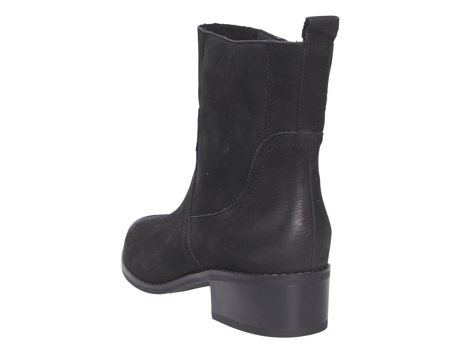 Caprice Damen Stiefel in Schwarz, seitliche Rückansicht eines eleganten Kurzstiefels mit Blockabsatz und schlichtem Design