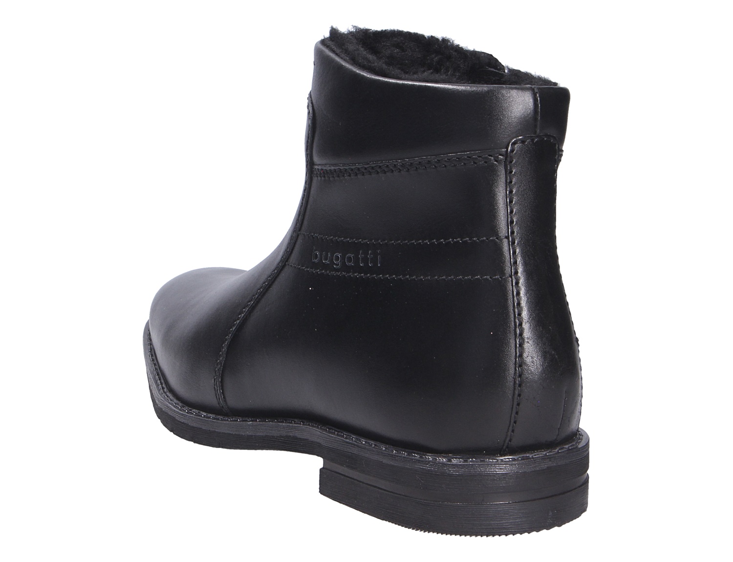 bugatti Herren Stiefel aus schwarzem Leder mit warmem Futter, robuste Sohle, seitliche Rückansicht