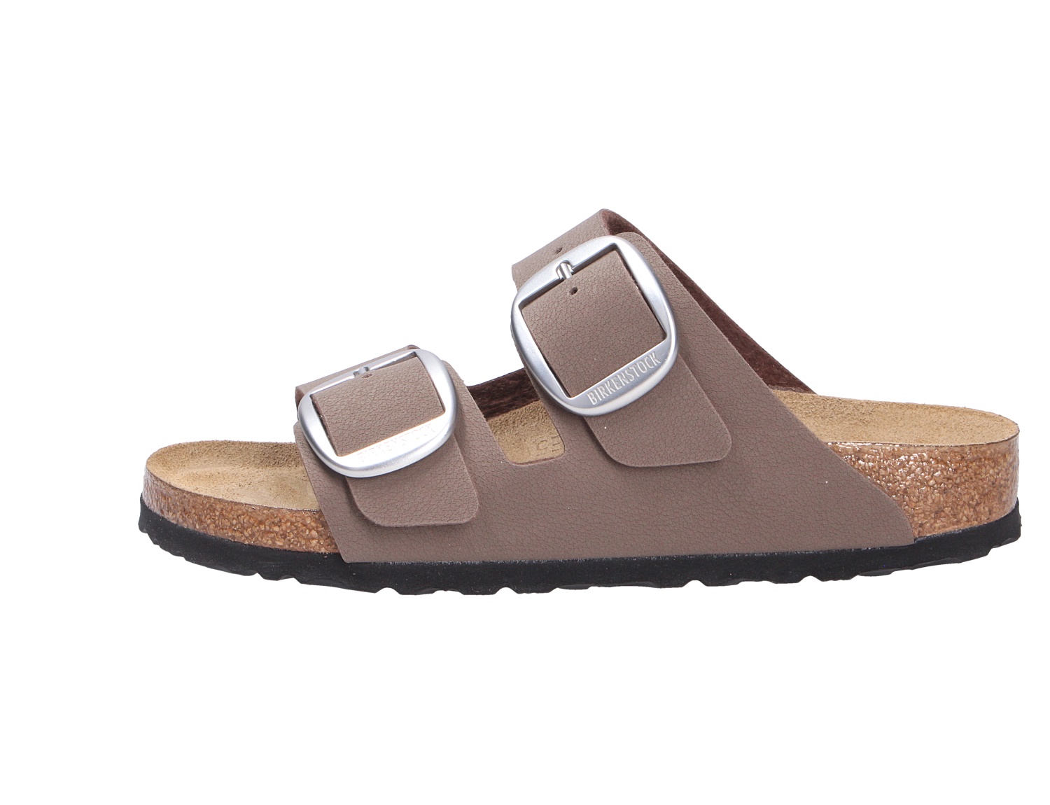 Birkenstock Arizona Big Buckle, taupefarbene Sandale mit zwei breiten Riemen, großen silbernen Schnallen und Kork-Latex-Fußbett