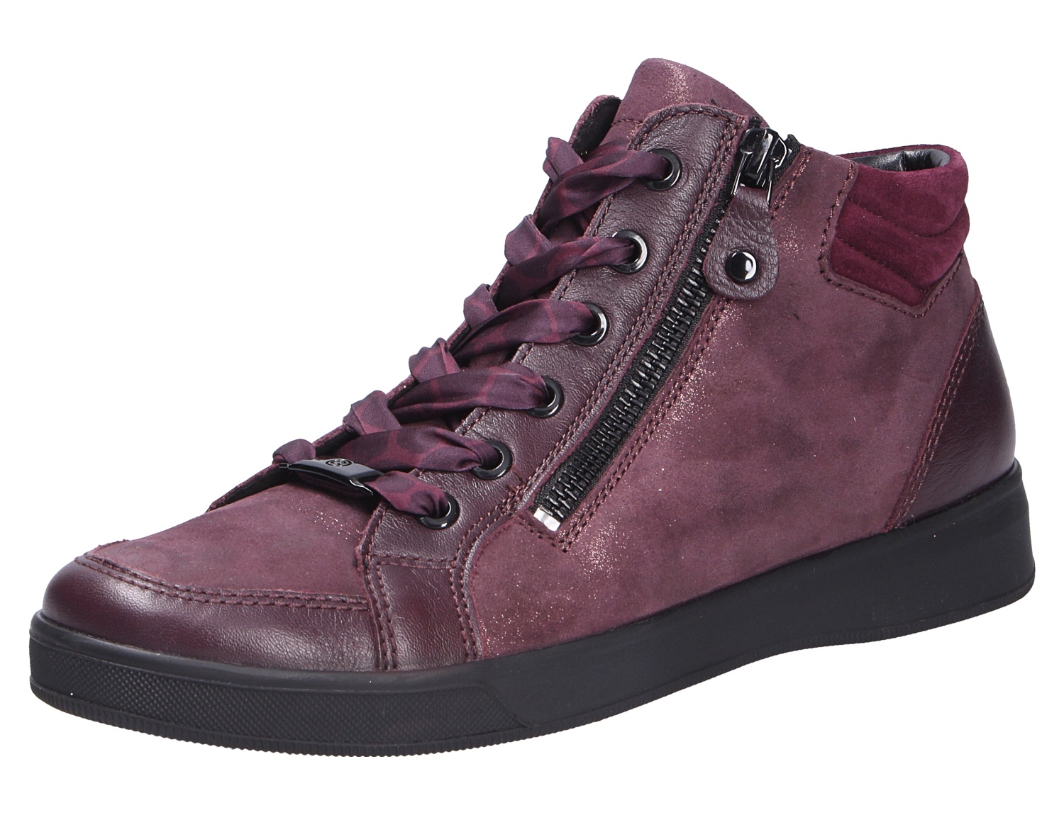 Ara ROM knöchelhoher Damen-Sneaker in Bordeaux aus Leder mit seitlichem Reißverschluss, Schnürung und schwarzer Sohle