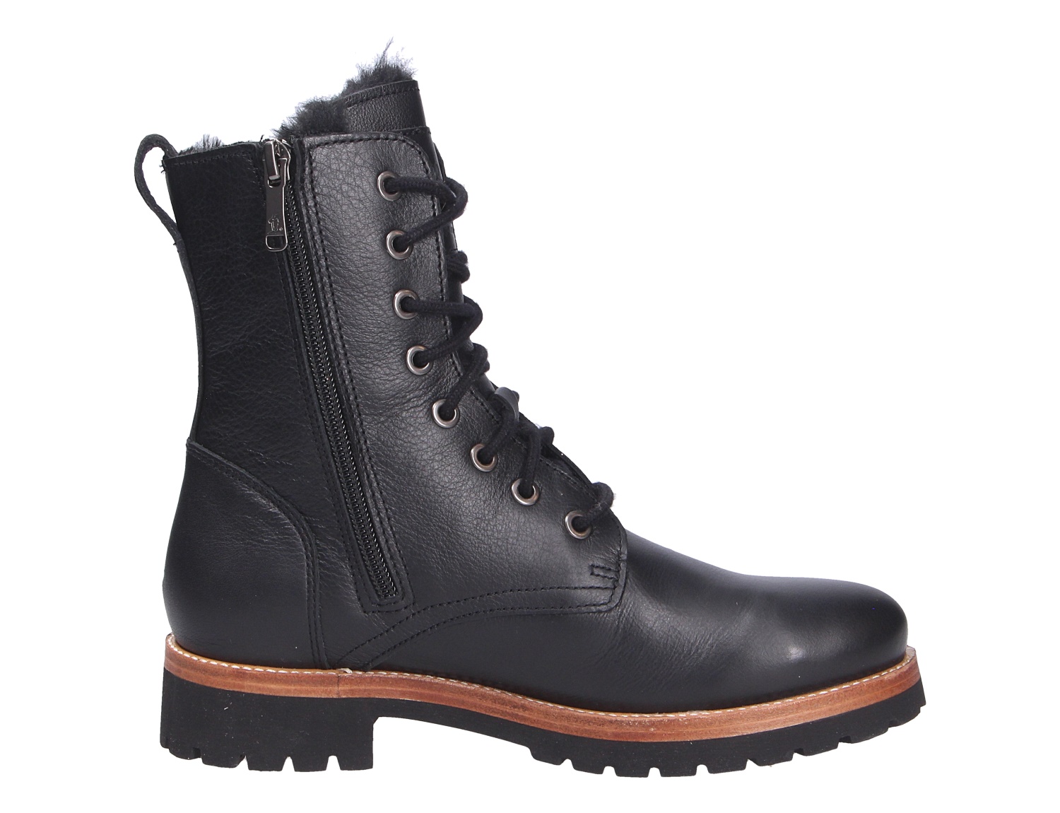 Panama Jack Frisia Damen Stiefelette aus schwarzem Leder, seitliche Ansicht, mit Schnürung, Reißverschluss, warmem Innenfutter und robuster Profilsohle